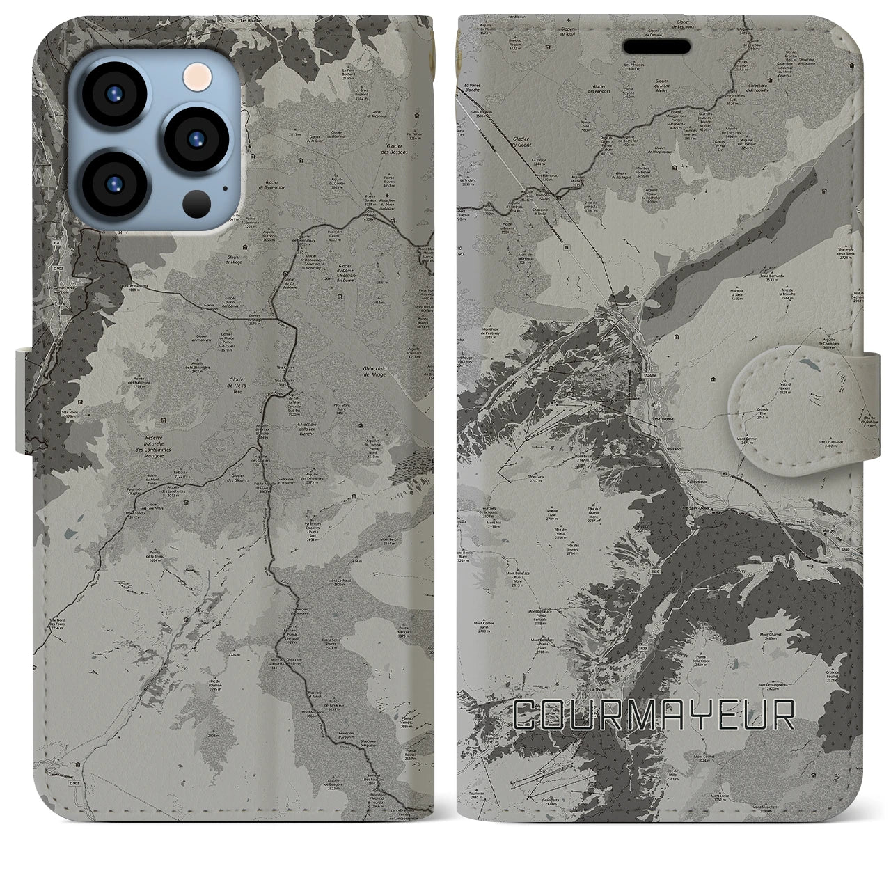 【クールマイユール(イタリア)】地図柄iPhoneケース(手帳タイプ)モノトーン・iPhone 13 Pro Max 用