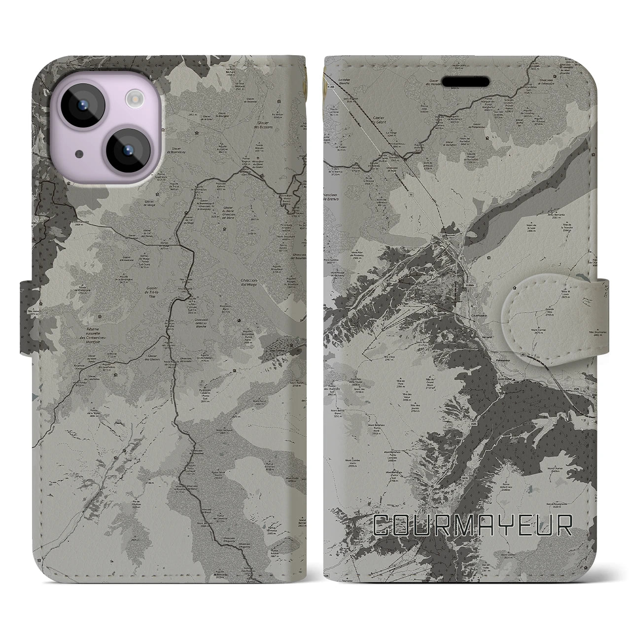 【クールマイユール(イタリア)】地図柄iPhoneケース(手帳タイプ)モノトーン・iPhone 14 用