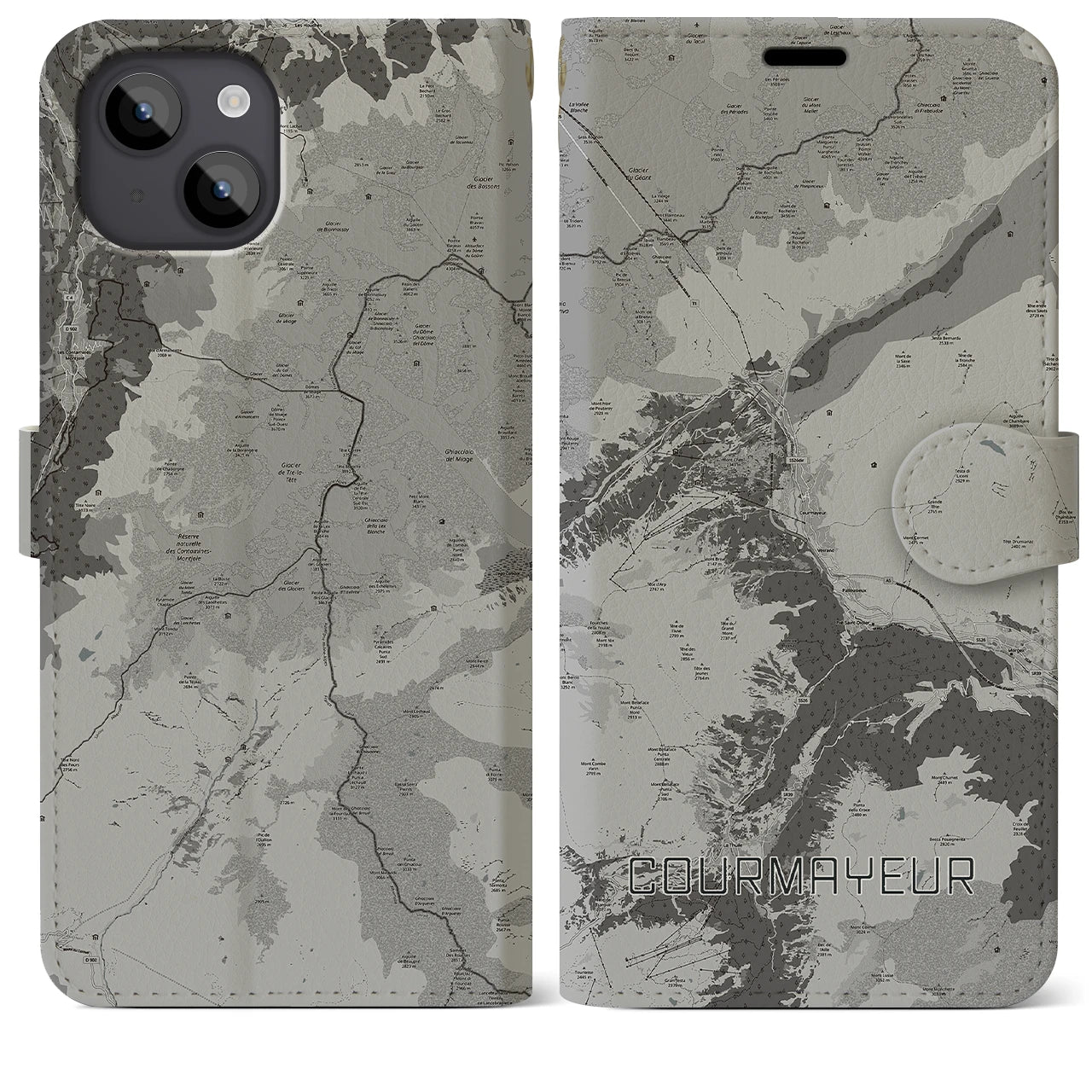 【クールマイユール(イタリア)】地図柄iPhoneケース(手帳タイプ)モノトーン・iPhone 14 Plus 用