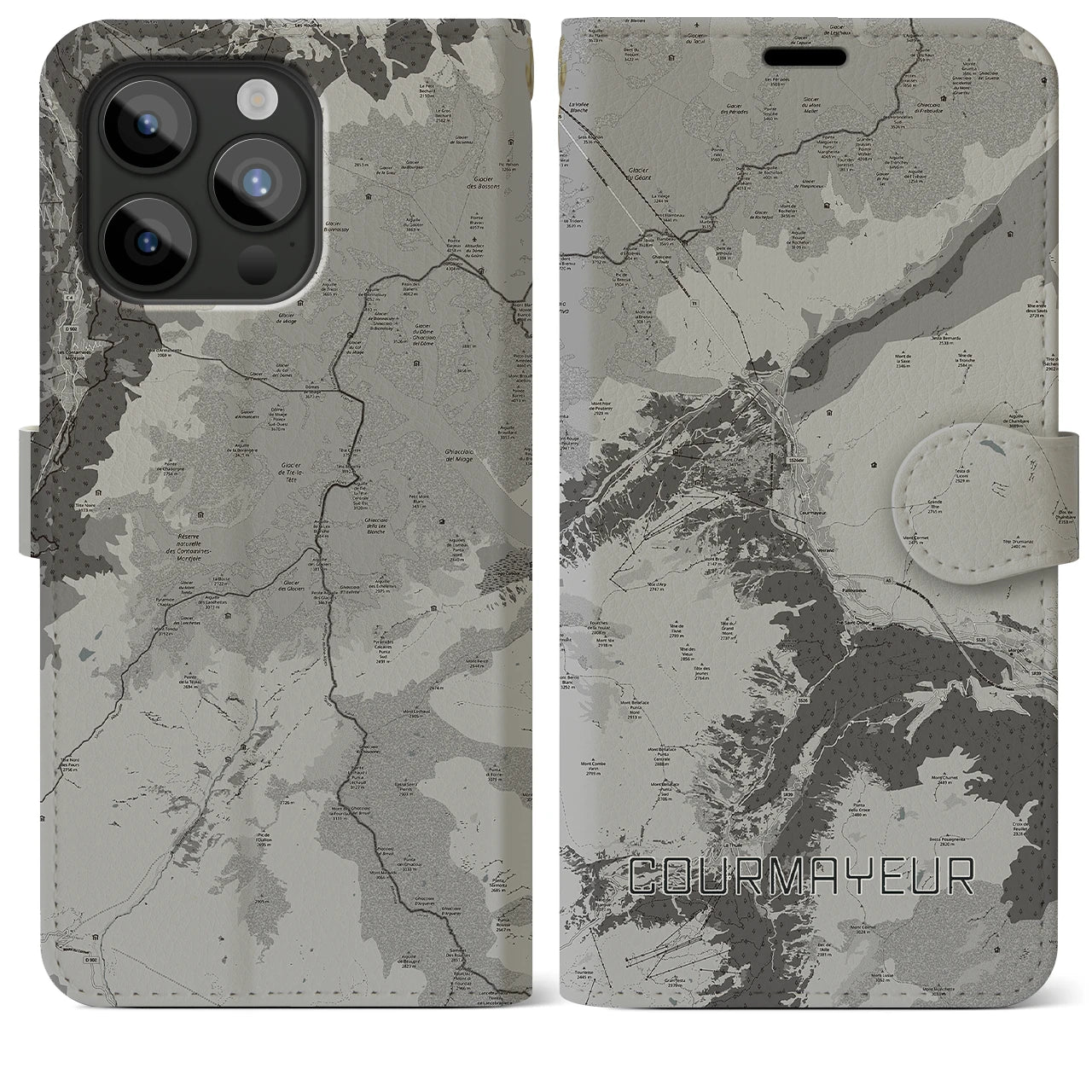 【クールマイユール(イタリア)】地図柄iPhoneケース(手帳タイプ)モノトーン・iPhone 15 Pro Max 用