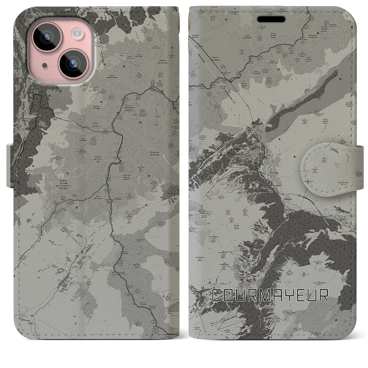 【クールマイユール(イタリア)】地図柄iPhoneケース(手帳タイプ)モノトーン・iPhone 15 Plus 用