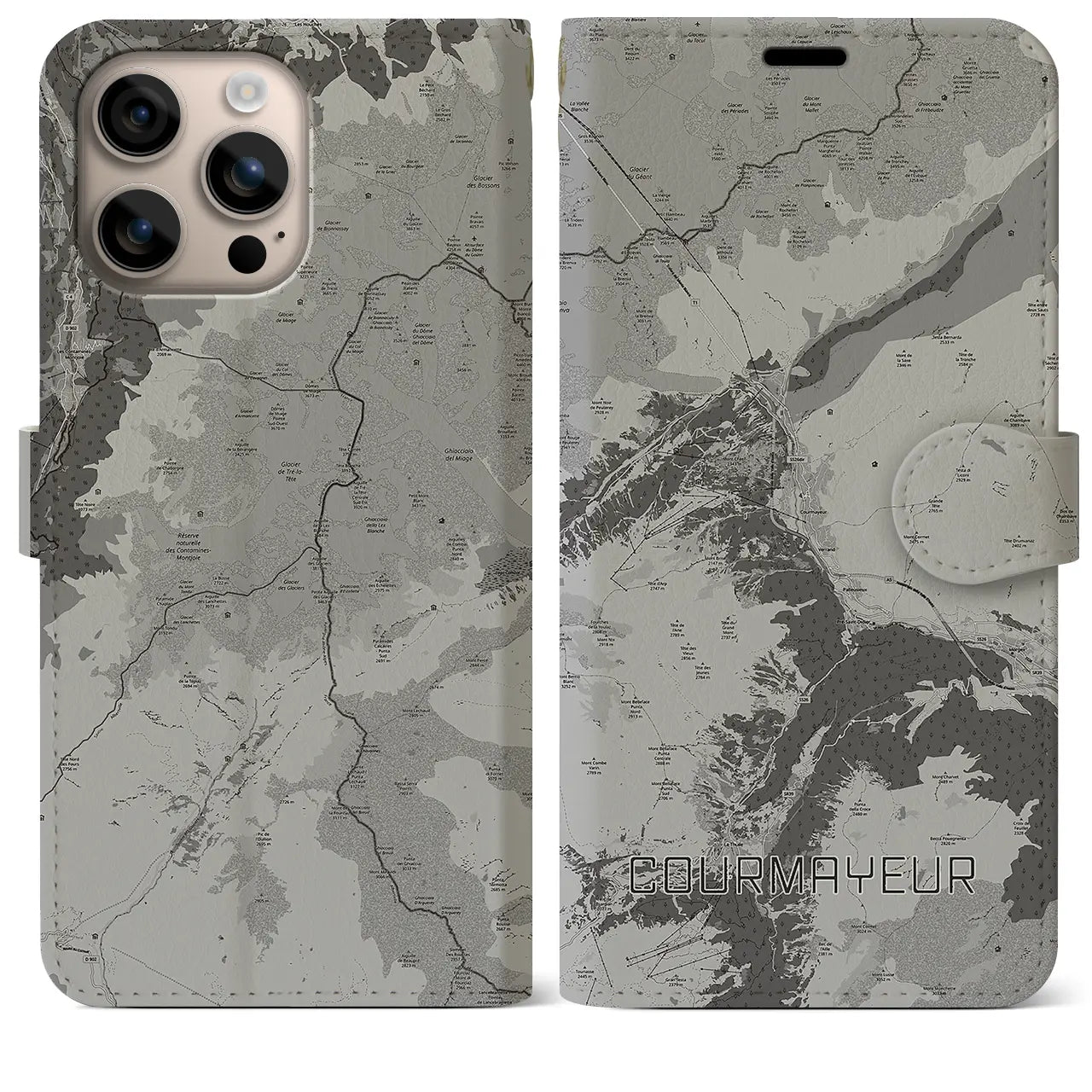 【クールマイユール(イタリア)】地図柄iPhoneケース(手帳タイプ)モノトーン・iPhone 16 Plus 用