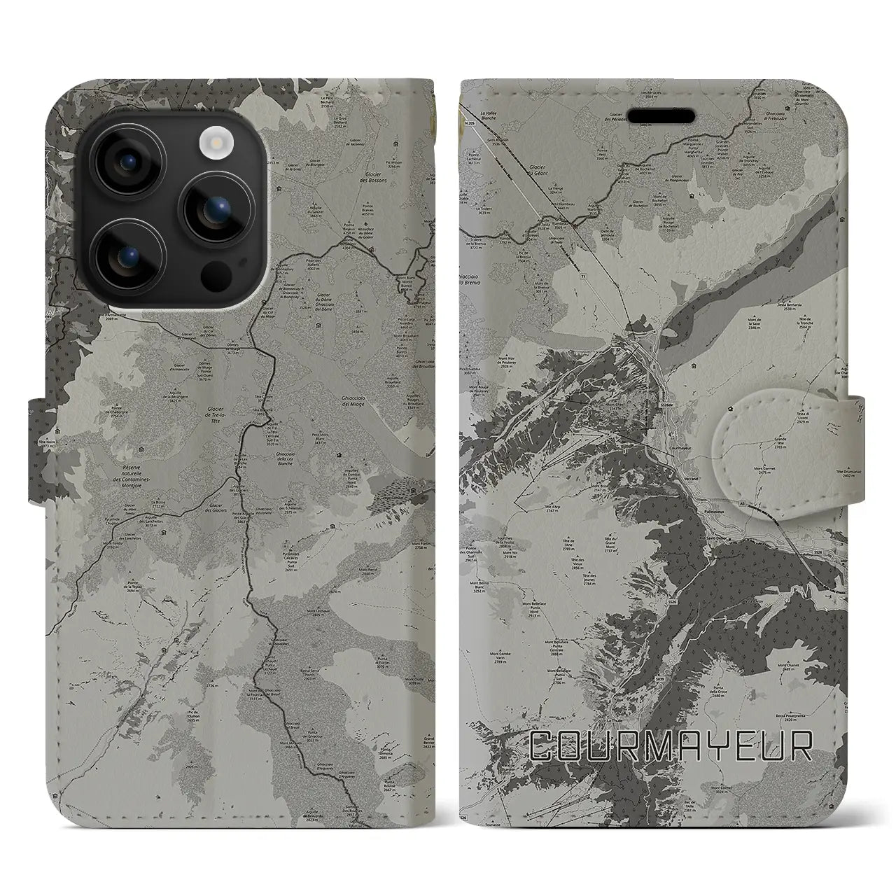 【クールマイユール(イタリア)】地図柄iPhoneケース(手帳タイプ)モノトーン・iPhone 16 用