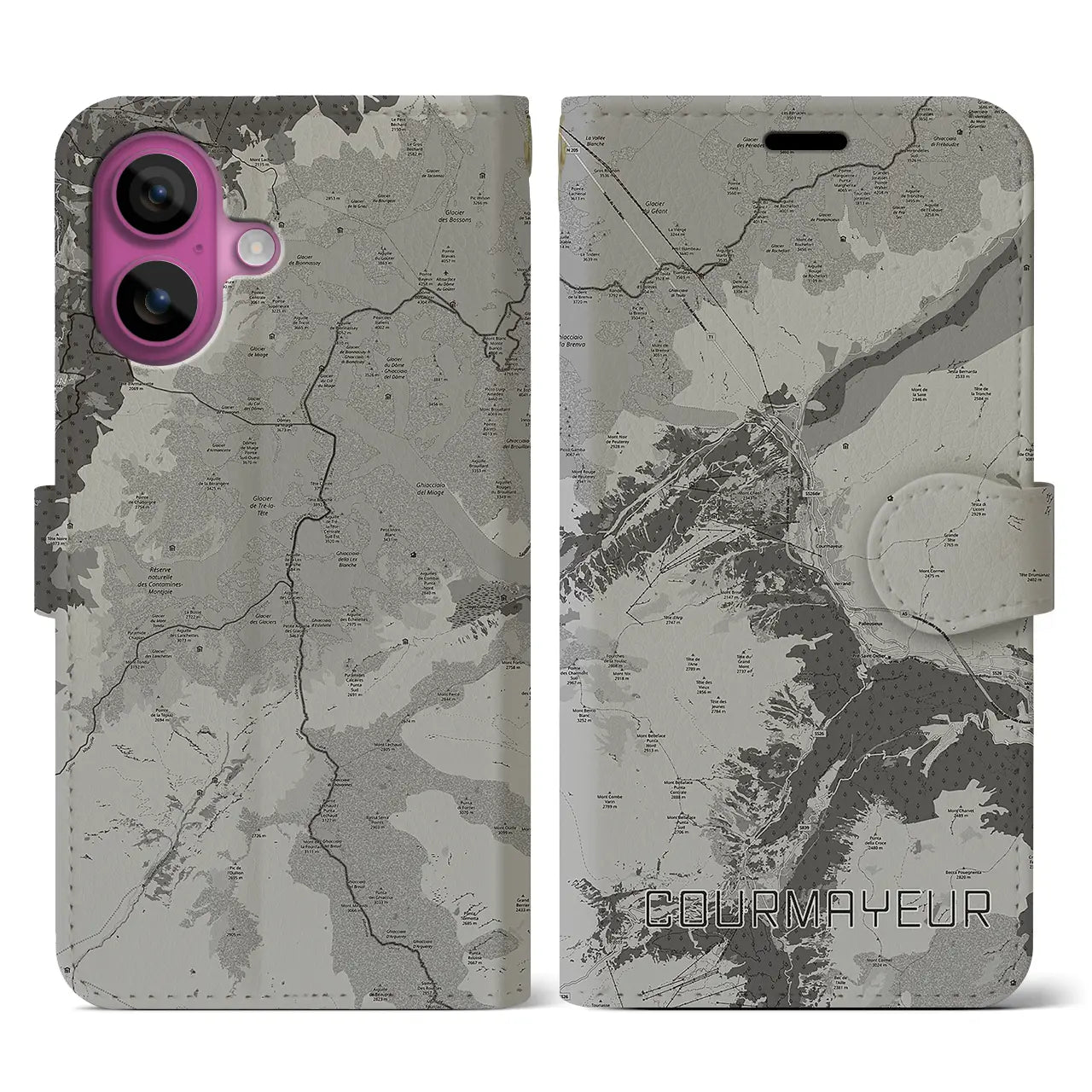 【クールマイユール(イタリア)】地図柄iPhoneケース(手帳タイプ)モノトーン・iPhone 16 Pro 用
