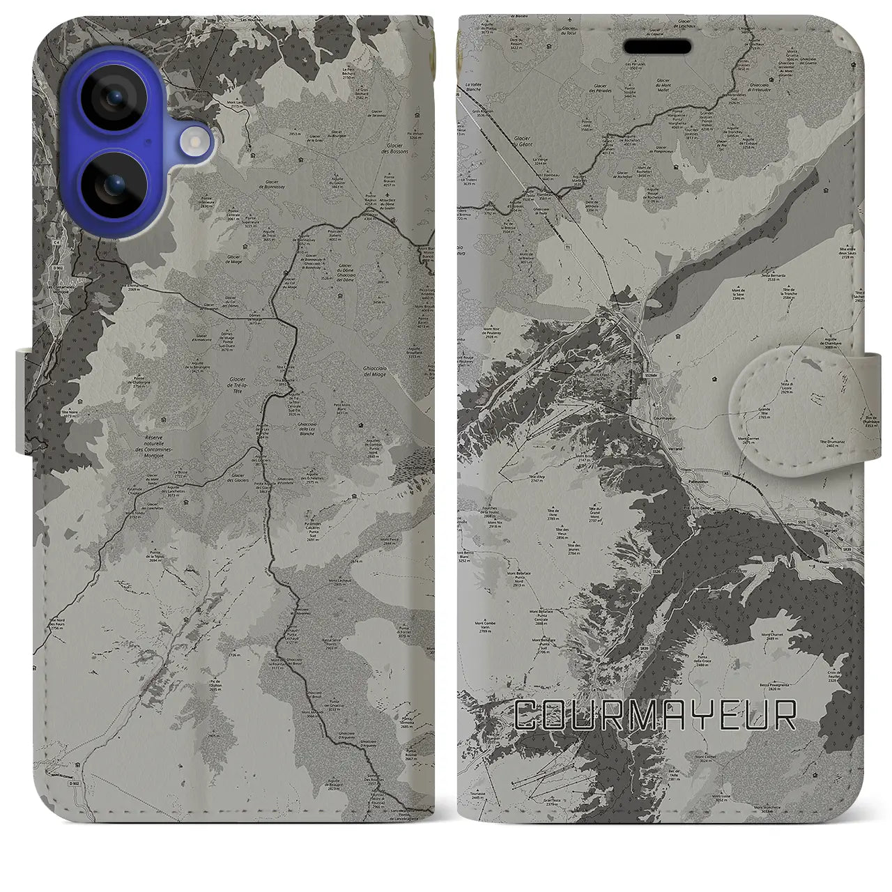 【クールマイユール(イタリア)】地図柄iPhoneケース(手帳タイプ)モノトーン・iPhone 16 Pro Max 用