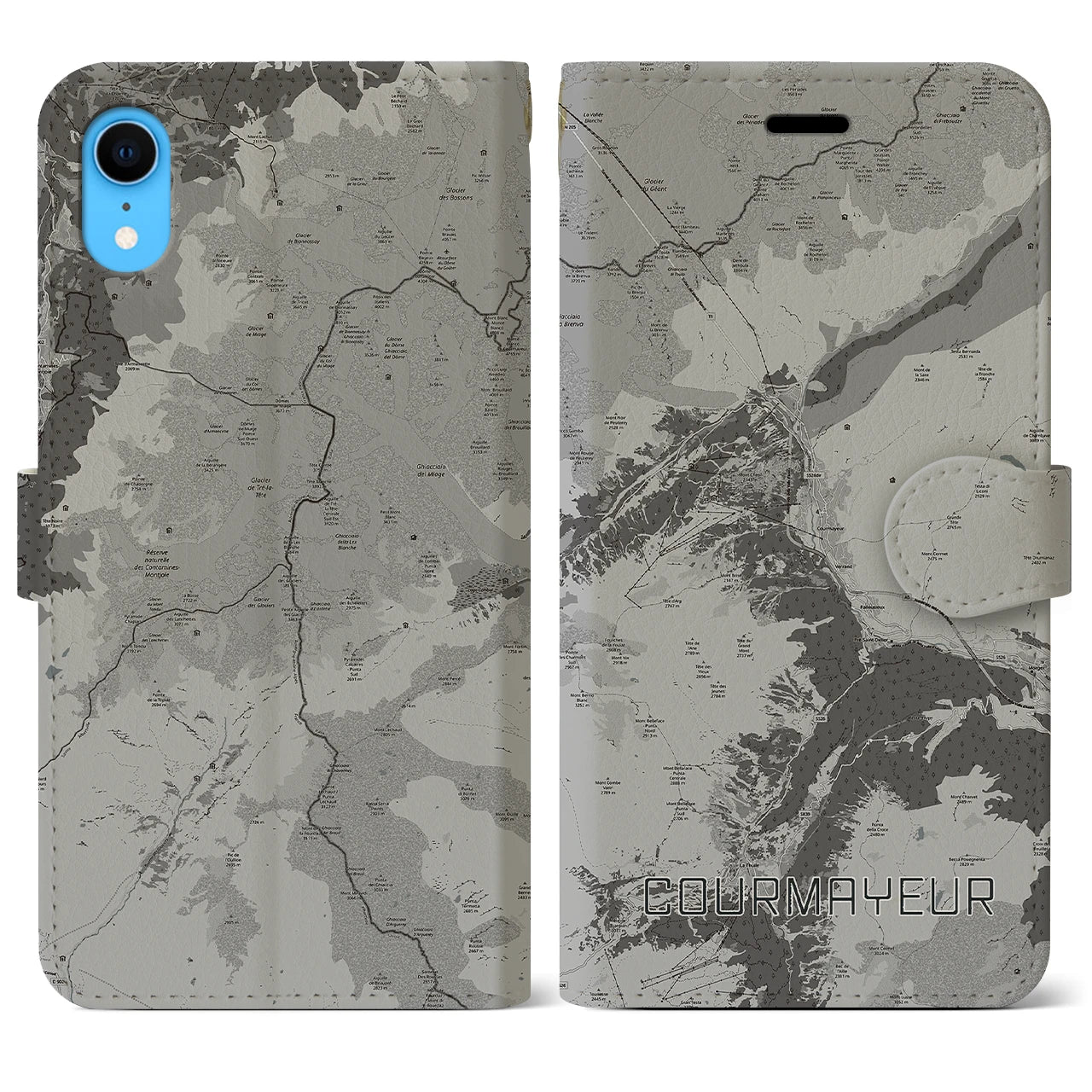 【クールマイユール(イタリア)】地図柄iPhoneケース(手帳タイプ)モノトーン・iPhone XR 用