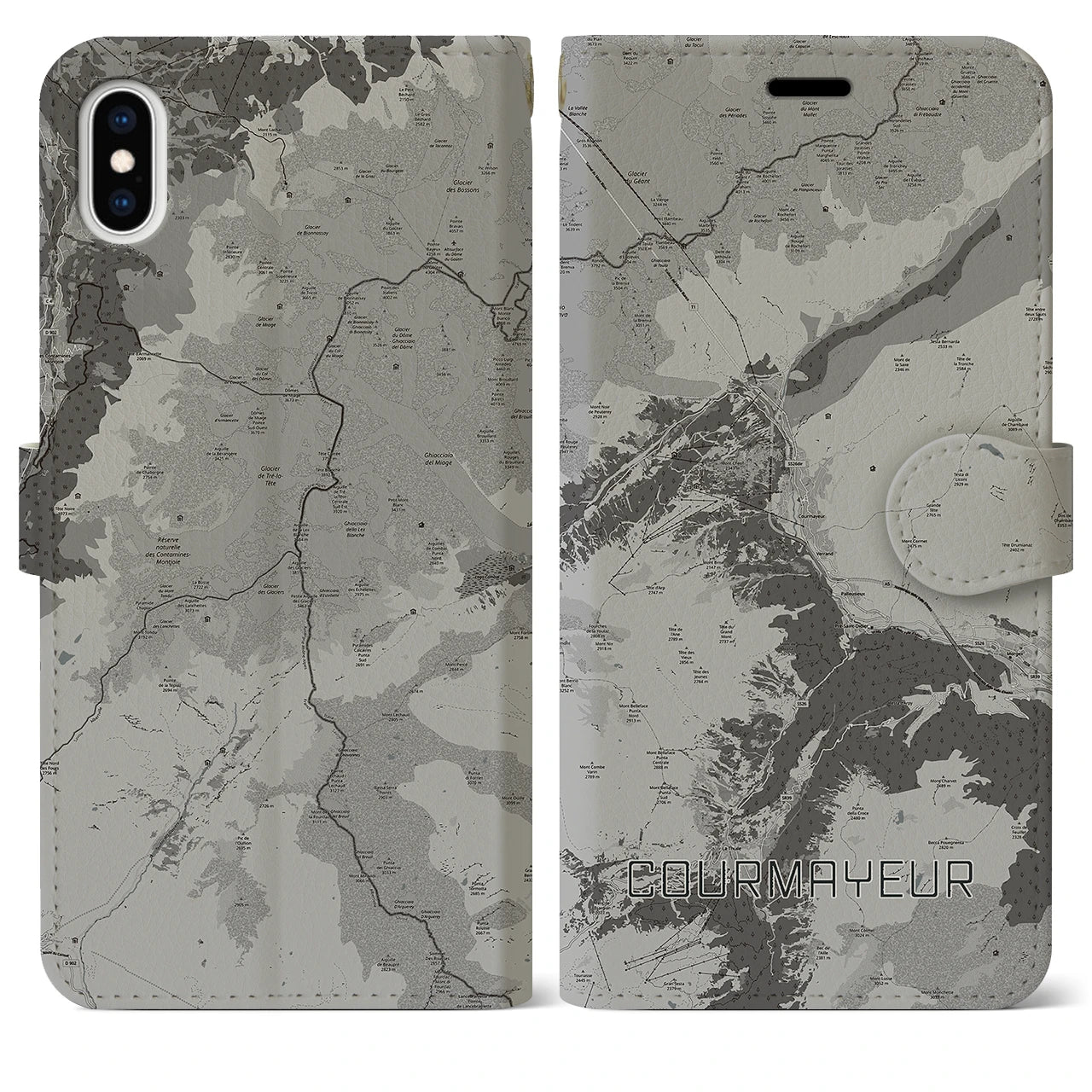 【クールマイユール(イタリア)】地図柄iPhoneケース(手帳タイプ)モノトーン・iPhone XS Max 用