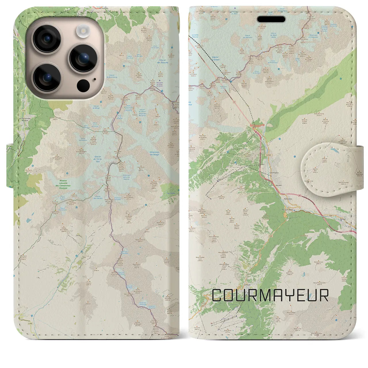 【クールマイユール(イタリア)】地図柄iPhoneケース(手帳タイプ)ナチュラル・iPhone 16 Plus 用