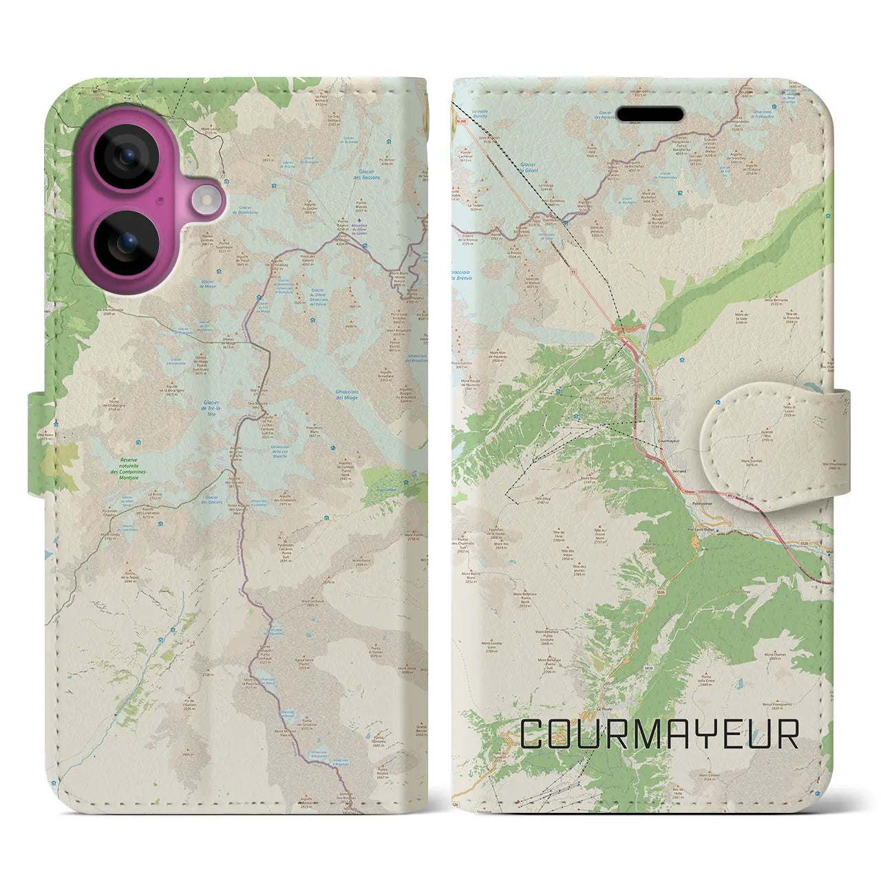 【クールマイユール(イタリア)】地図柄iPhoneケース(手帳タイプ)ナチュラル・iPhone 16 Pro 用