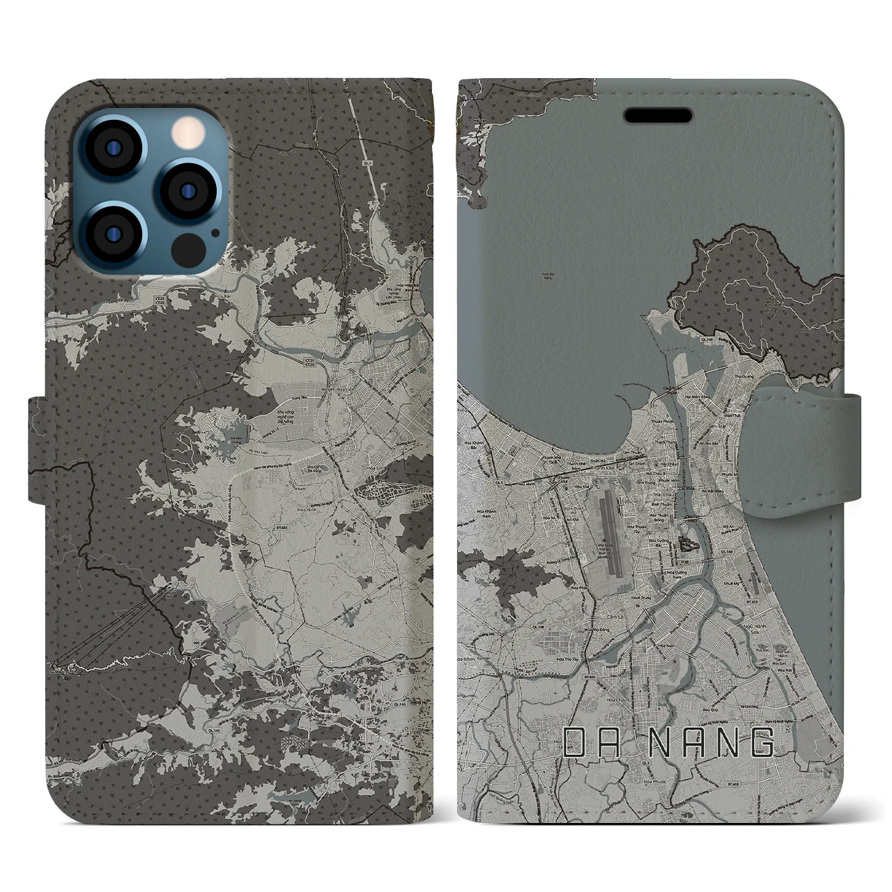 【ダナン(ベトナム)】地図柄iPhoneケース(手帳タイプ)モノトーン・iPhone 12 / 12 Pro 用