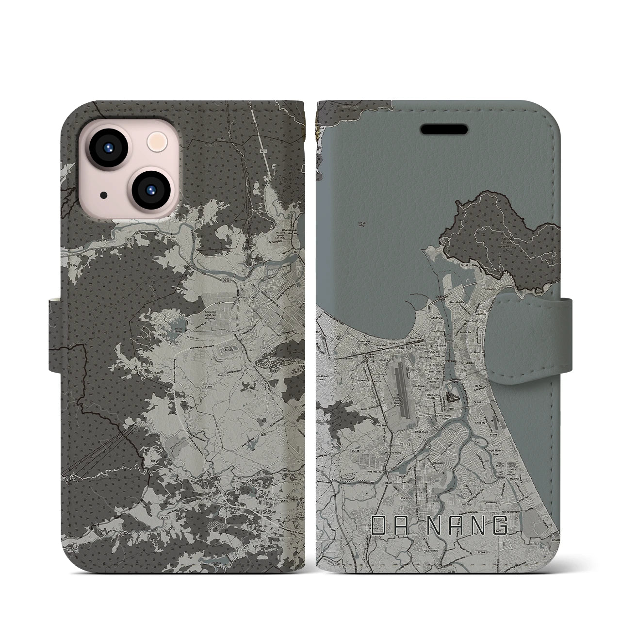 【ダナン(ベトナム)】地図柄iPhoneケース(手帳タイプ)モノトーン・iPhone 13 mini 用
