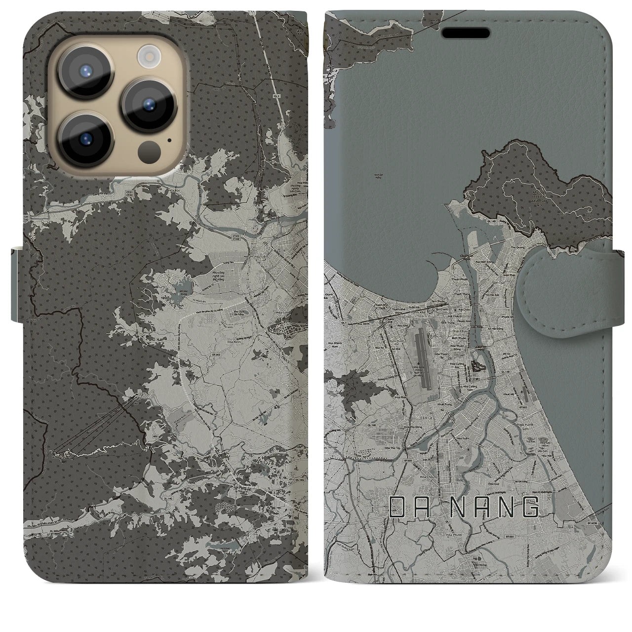 【ダナン(ベトナム)】地図柄iPhoneケース(手帳タイプ)モノトーン・iPhone 14 Pro Max 用