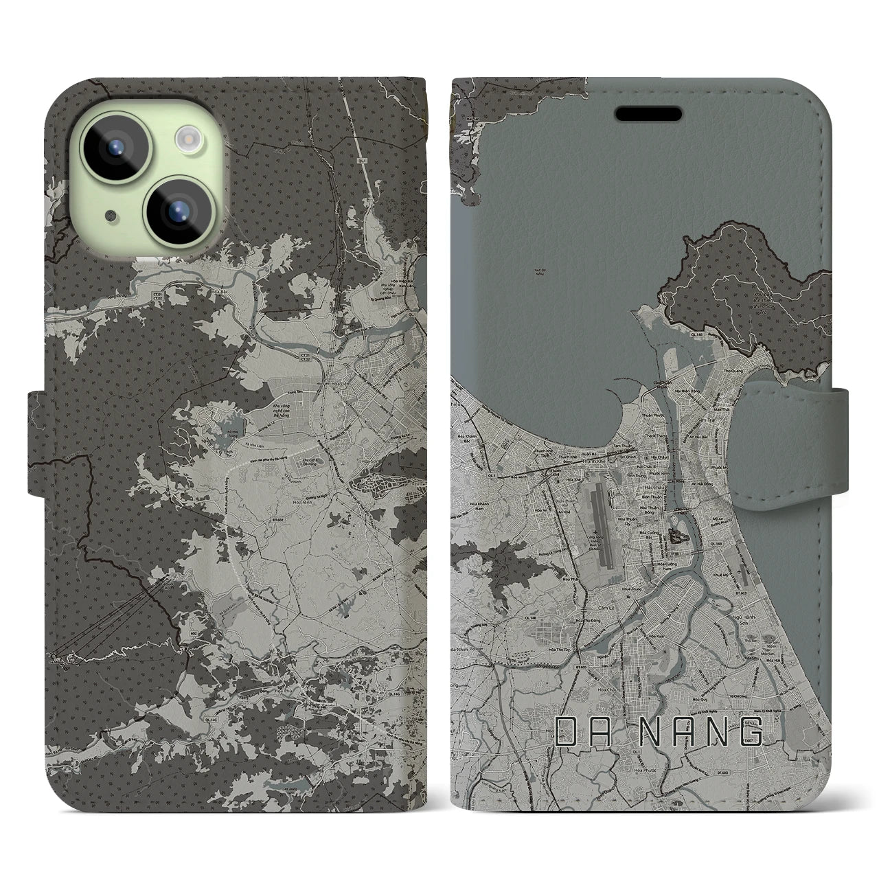 【ダナン(ベトナム)】地図柄iPhoneケース(手帳タイプ)モノトーン・iPhone 15 用