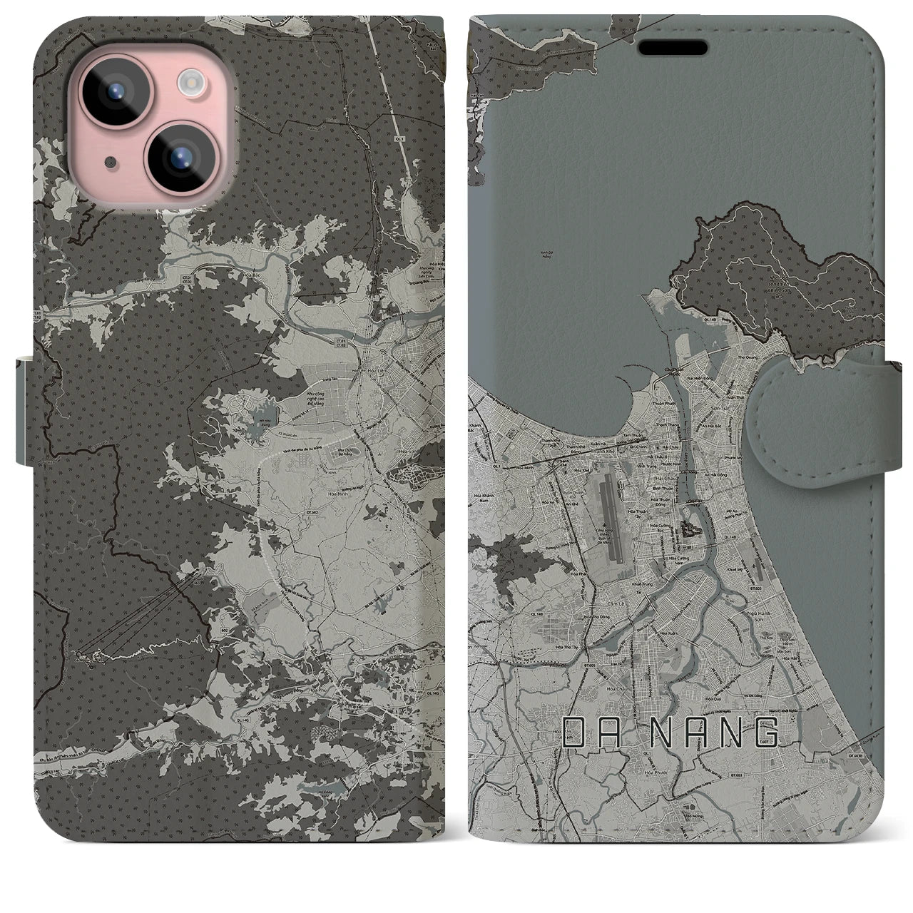 【ダナン(ベトナム)】地図柄iPhoneケース(手帳タイプ)モノトーン・iPhone 15 Plus 用