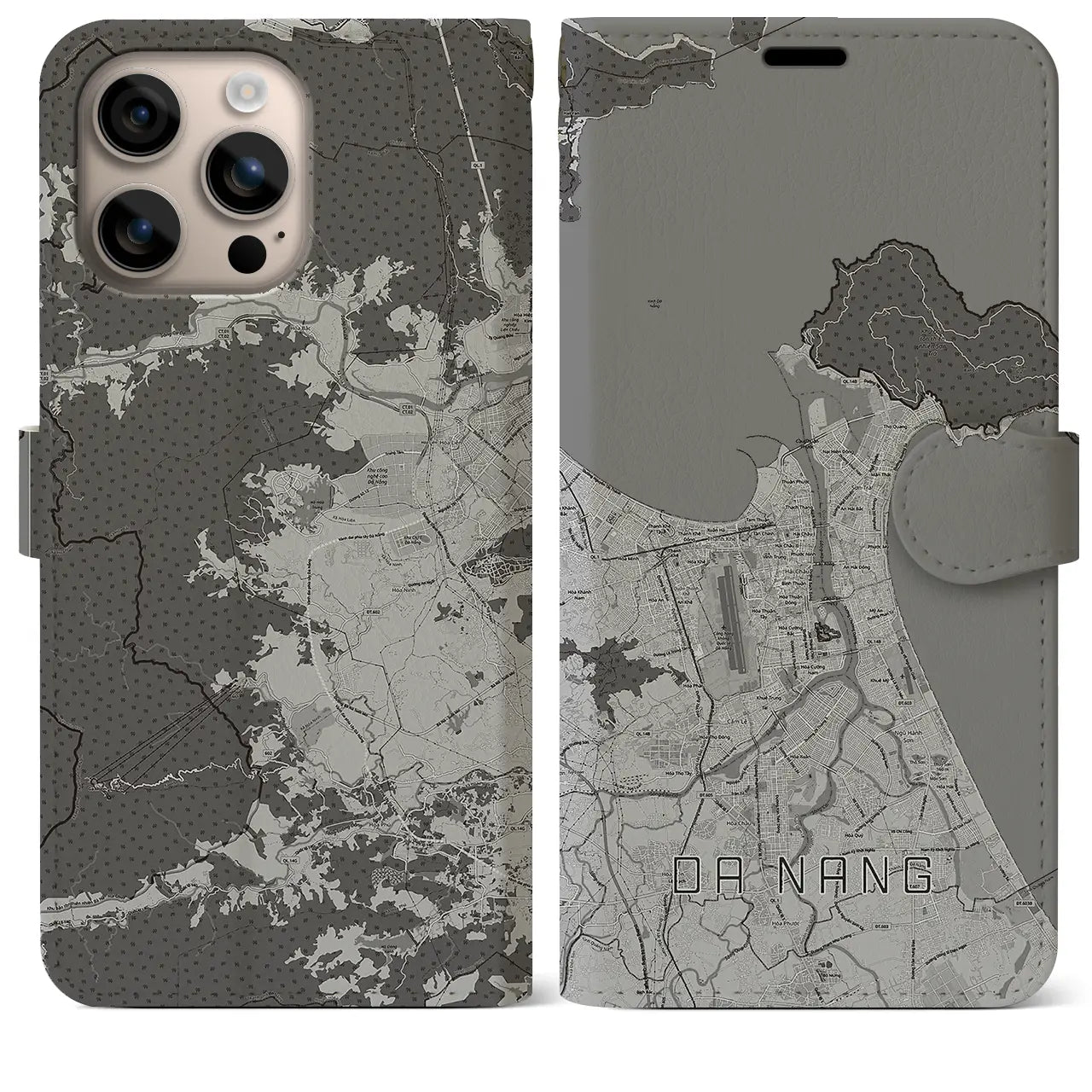 【ダナン(ベトナム)】地図柄iPhoneケース(手帳タイプ)モノトーン・iPhone 16 Plus 用