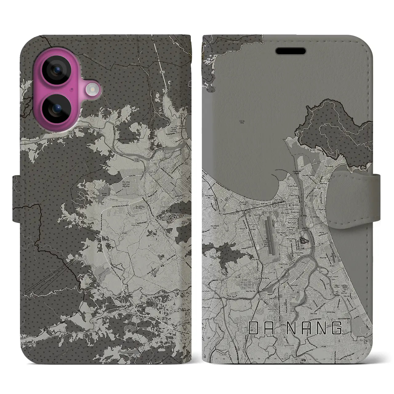 【ダナン(ベトナム)】地図柄iPhoneケース(手帳タイプ)モノトーン・iPhone 16 Pro 用