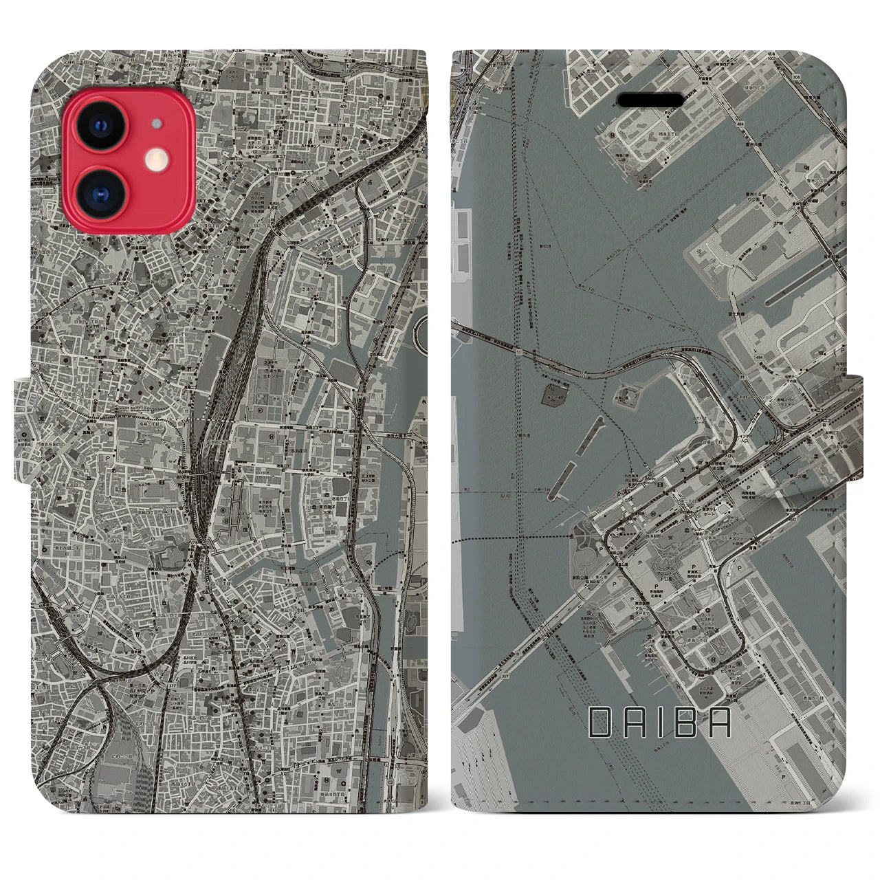 【台場(東京都)】地図柄iPhoneケース(手帳タイプ)モノトーン・iPhone 11 用