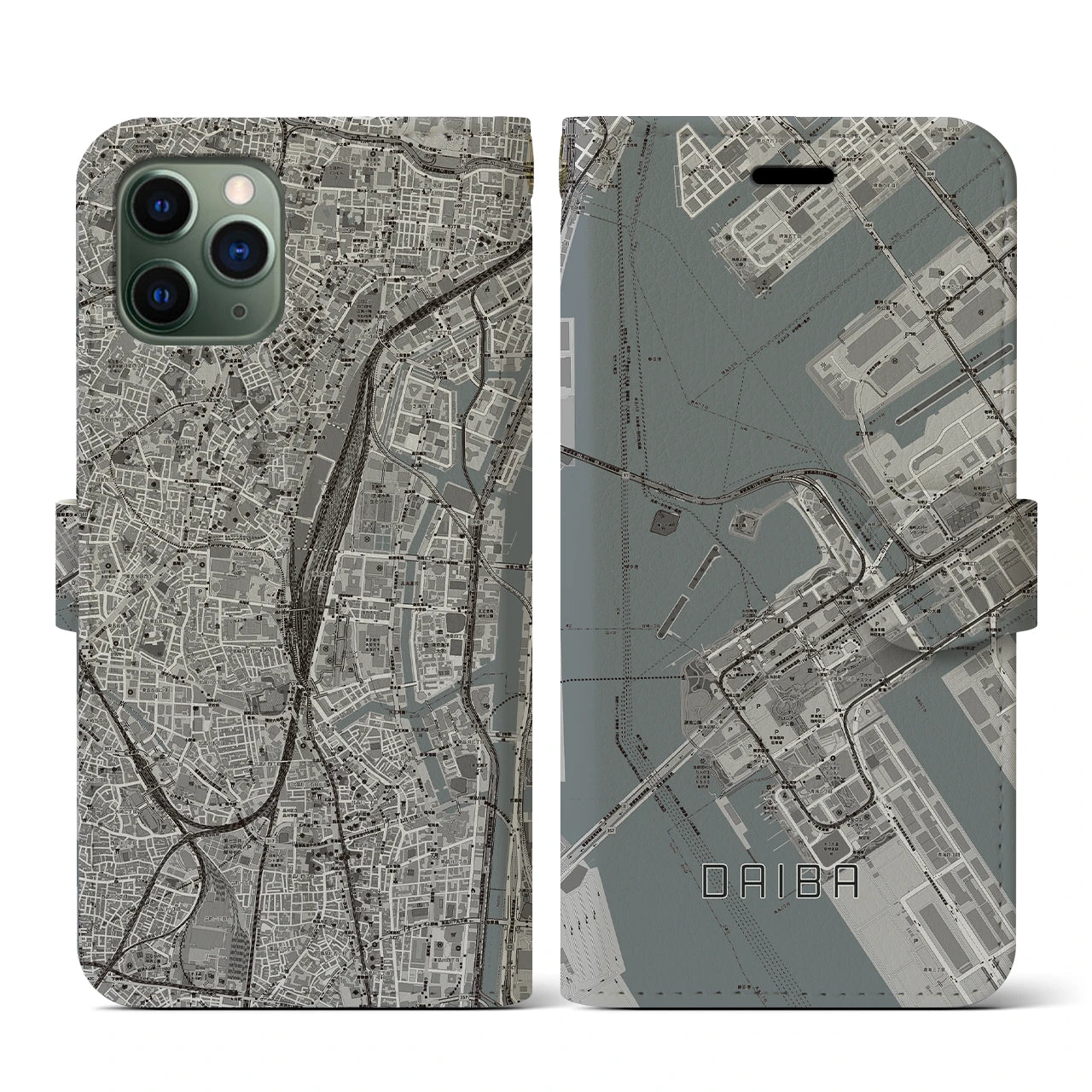 【台場(東京都)】地図柄iPhoneケース(手帳タイプ)モノトーン・iPhone 11 Pro 用