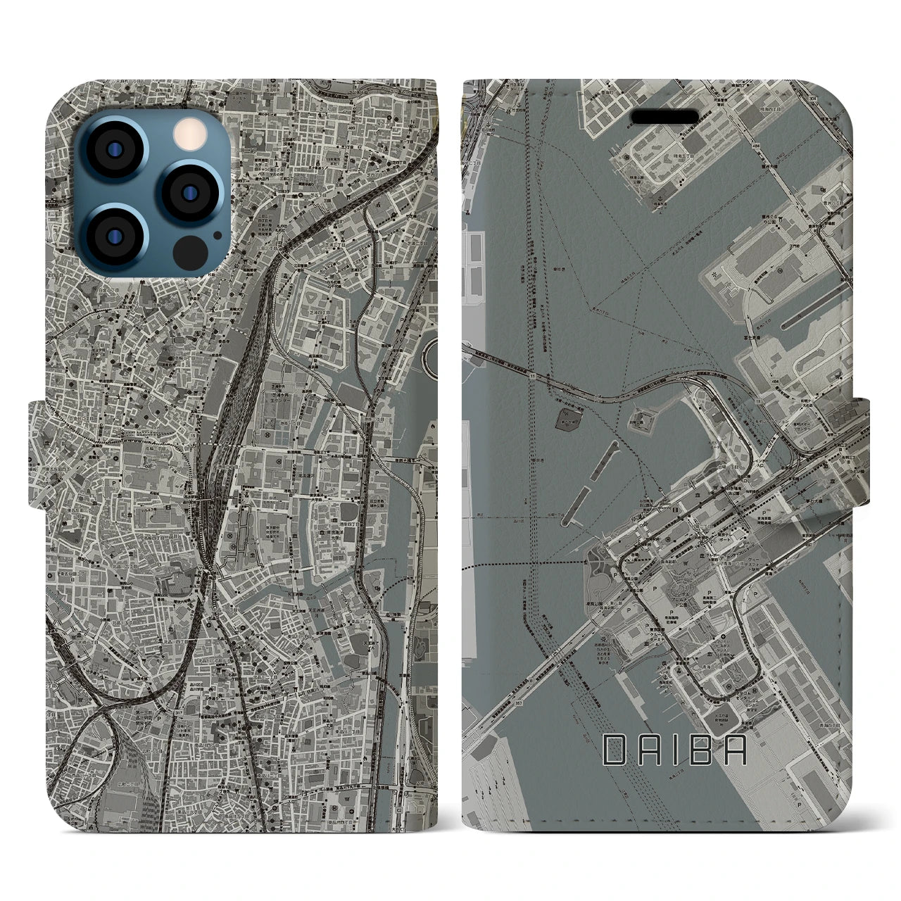 【台場(東京都)】地図柄iPhoneケース(手帳タイプ)モノトーン・iPhone 12 / 12 Pro 用