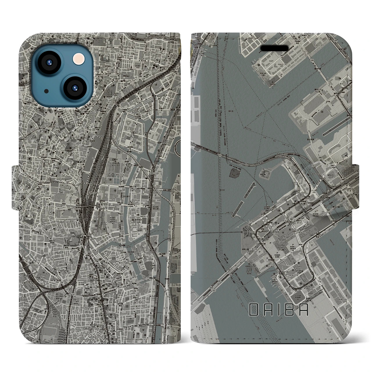 【台場(東京都)】地図柄iPhoneケース(手帳タイプ)モノトーン・iPhone 13 用