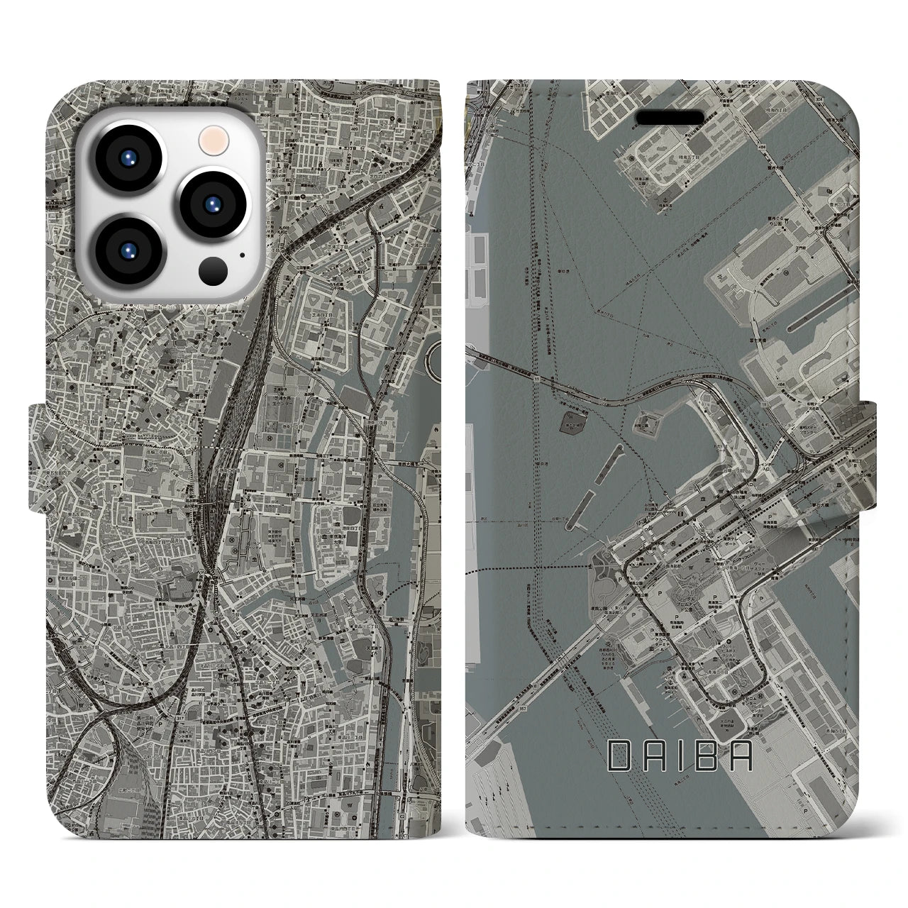 【台場(東京都)】地図柄iPhoneケース(手帳タイプ)モノトーン・iPhone 13 Pro 用