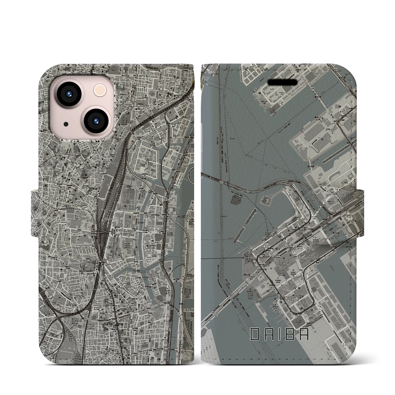 【台場(東京都)】地図柄iPhoneケース(手帳タイプ)モノトーン・iPhone 13 mini 用