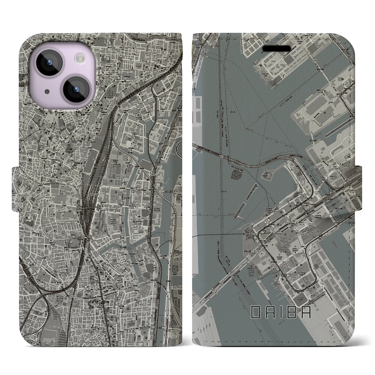【台場(東京都)】地図柄iPhoneケース(手帳タイプ)モノトーン・iPhone 14 用