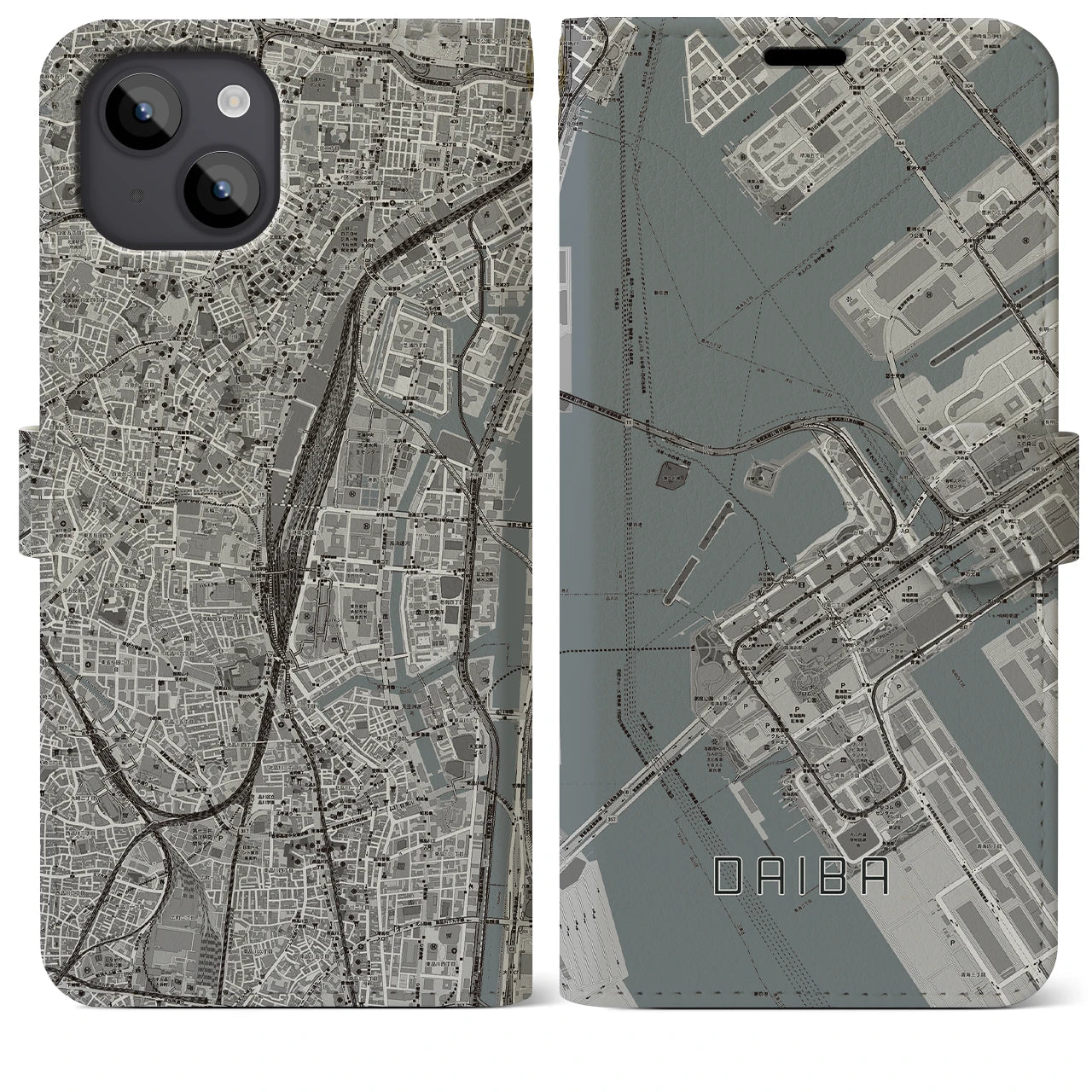 【台場(東京都)】地図柄iPhoneケース(手帳タイプ)モノトーン・iPhone 14 Plus 用