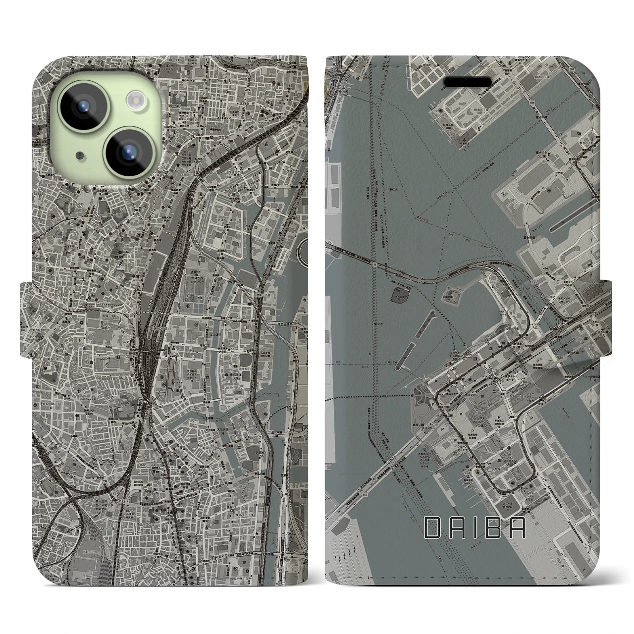 【台場(東京都)】地図柄iPhoneケース(手帳タイプ)モノトーン・iPhone 15 用