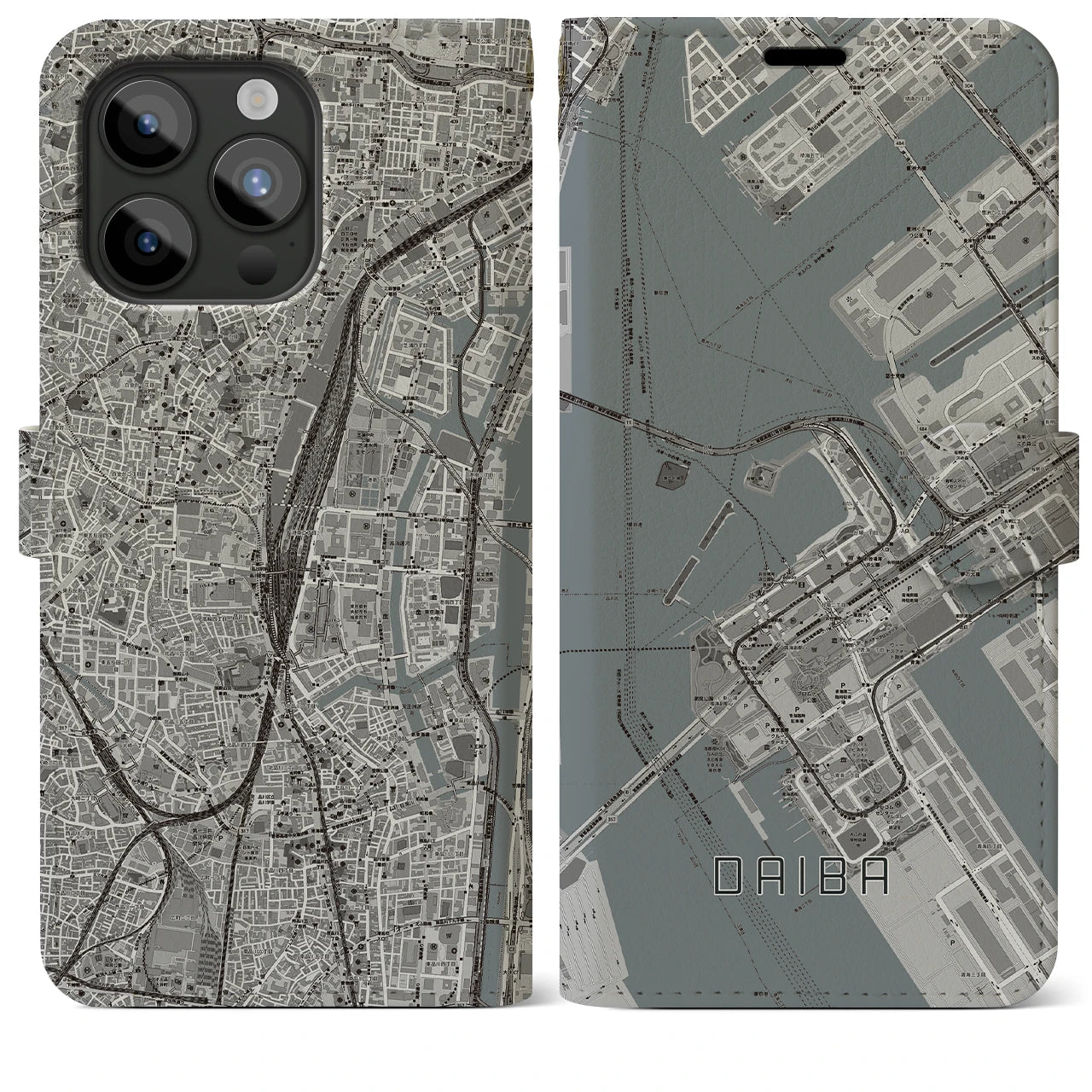 【台場(東京都)】地図柄iPhoneケース(手帳タイプ)モノトーン・iPhone 15 Pro Max 用