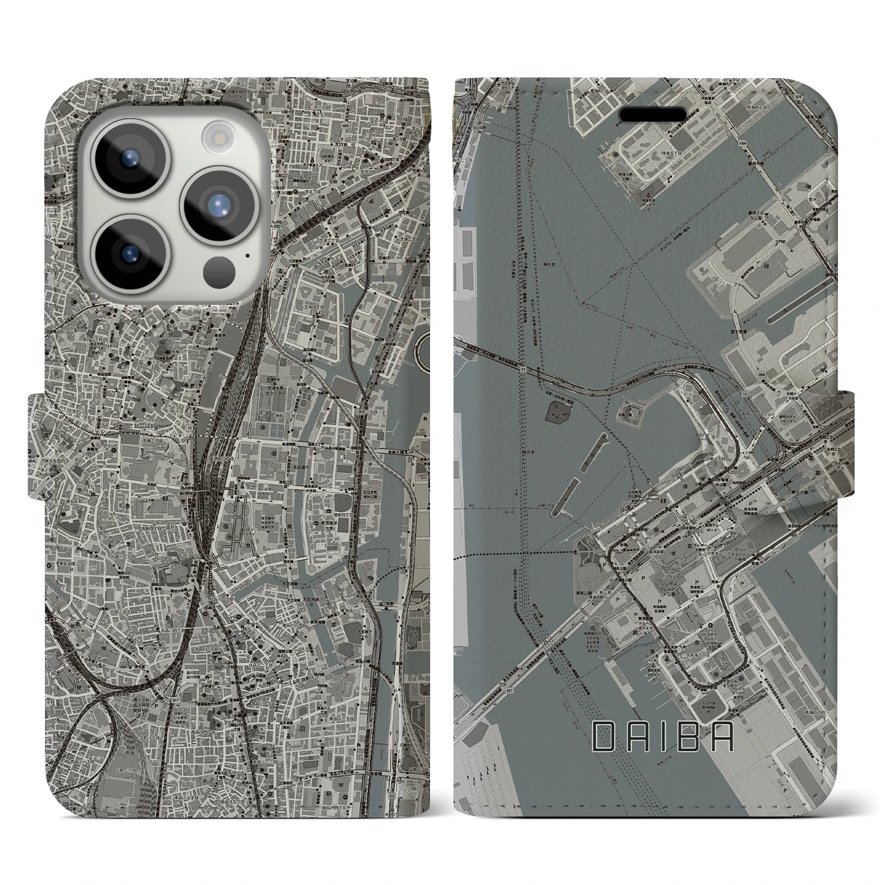 【台場(東京都)】地図柄iPhoneケース(手帳タイプ)モノトーン・iPhone 15 Pro 用