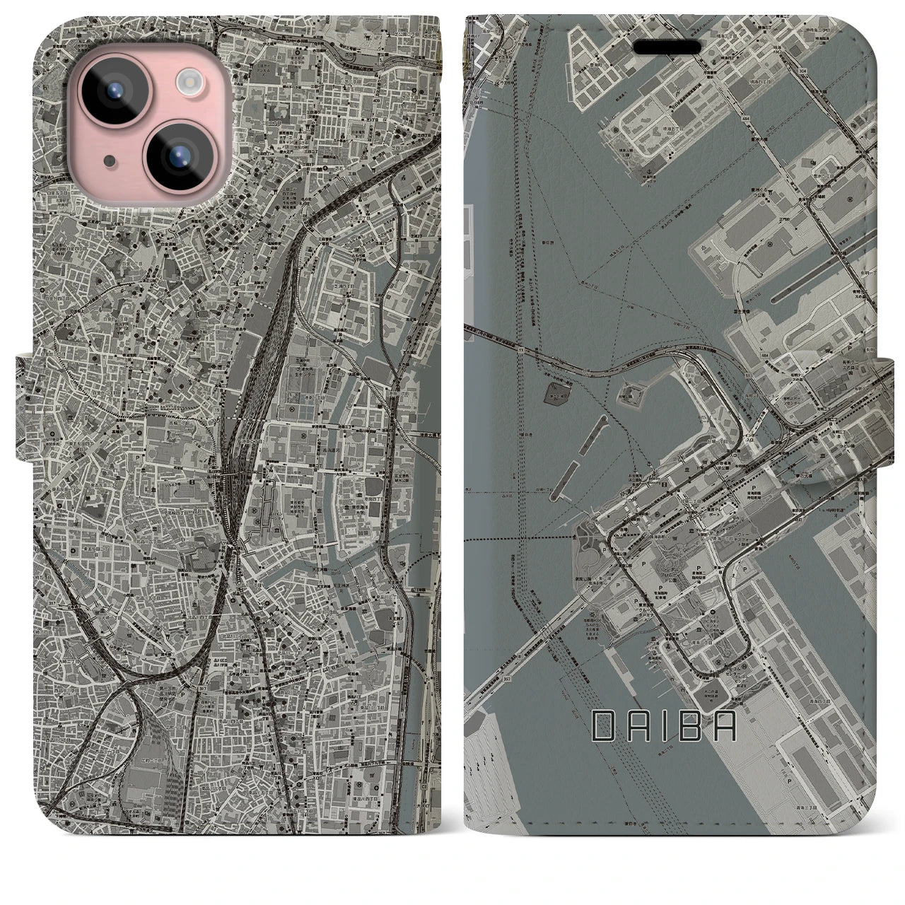 【台場(東京都)】地図柄iPhoneケース(手帳タイプ)モノトーン・iPhone 15 Plus 用