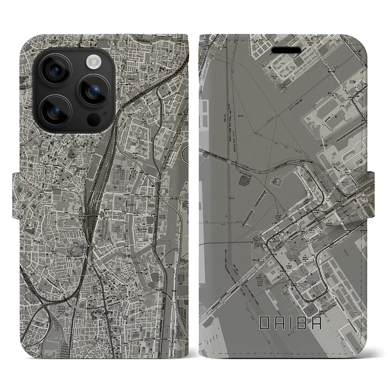 【台場(東京都)】地図柄iPhoneケース(手帳タイプ)モノトーン・iPhone 16 用
