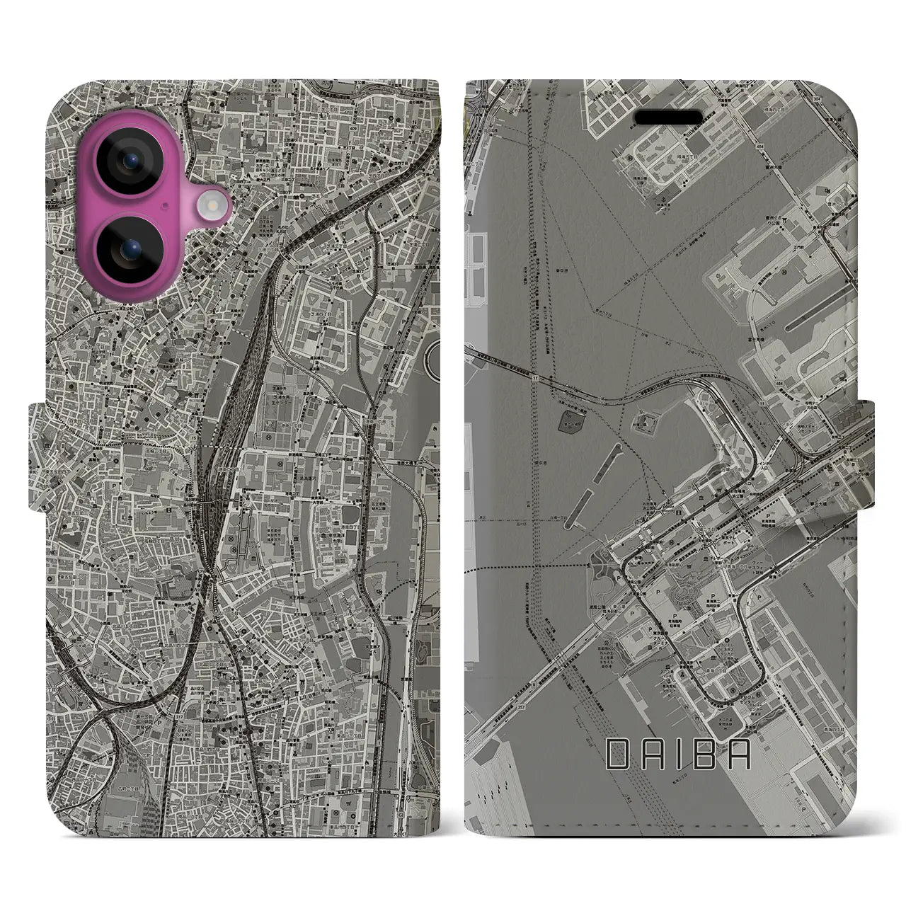 【台場(東京都)】地図柄iPhoneケース(手帳タイプ)モノトーン・iPhone 16 Pro 用