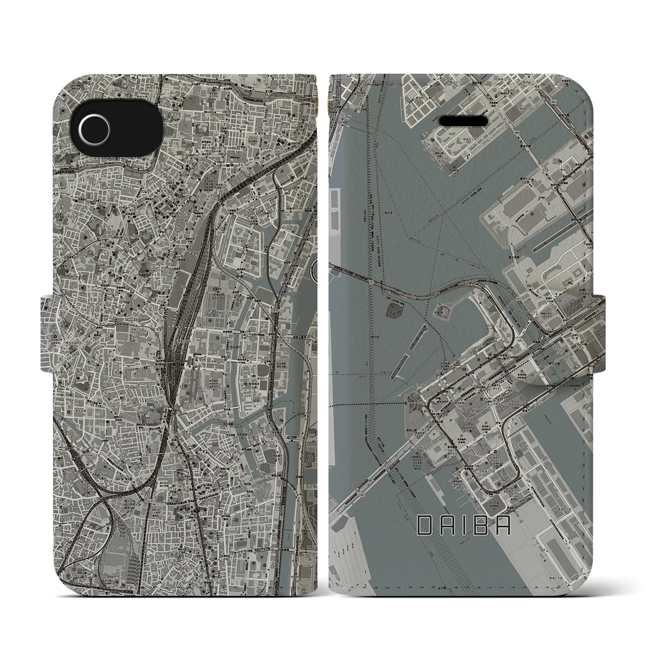 【台場(東京都)】地図柄iPhoneケース(手帳タイプ)モノトーン・iPhone SE(第3 / 第2世代) / 8 / 7 / 6s / 6 用