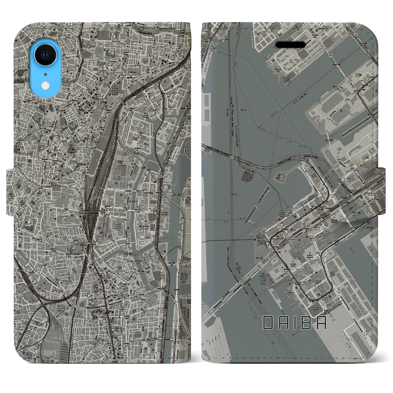 【台場(東京都)】地図柄iPhoneケース(手帳タイプ)モノトーン・iPhone XR 用