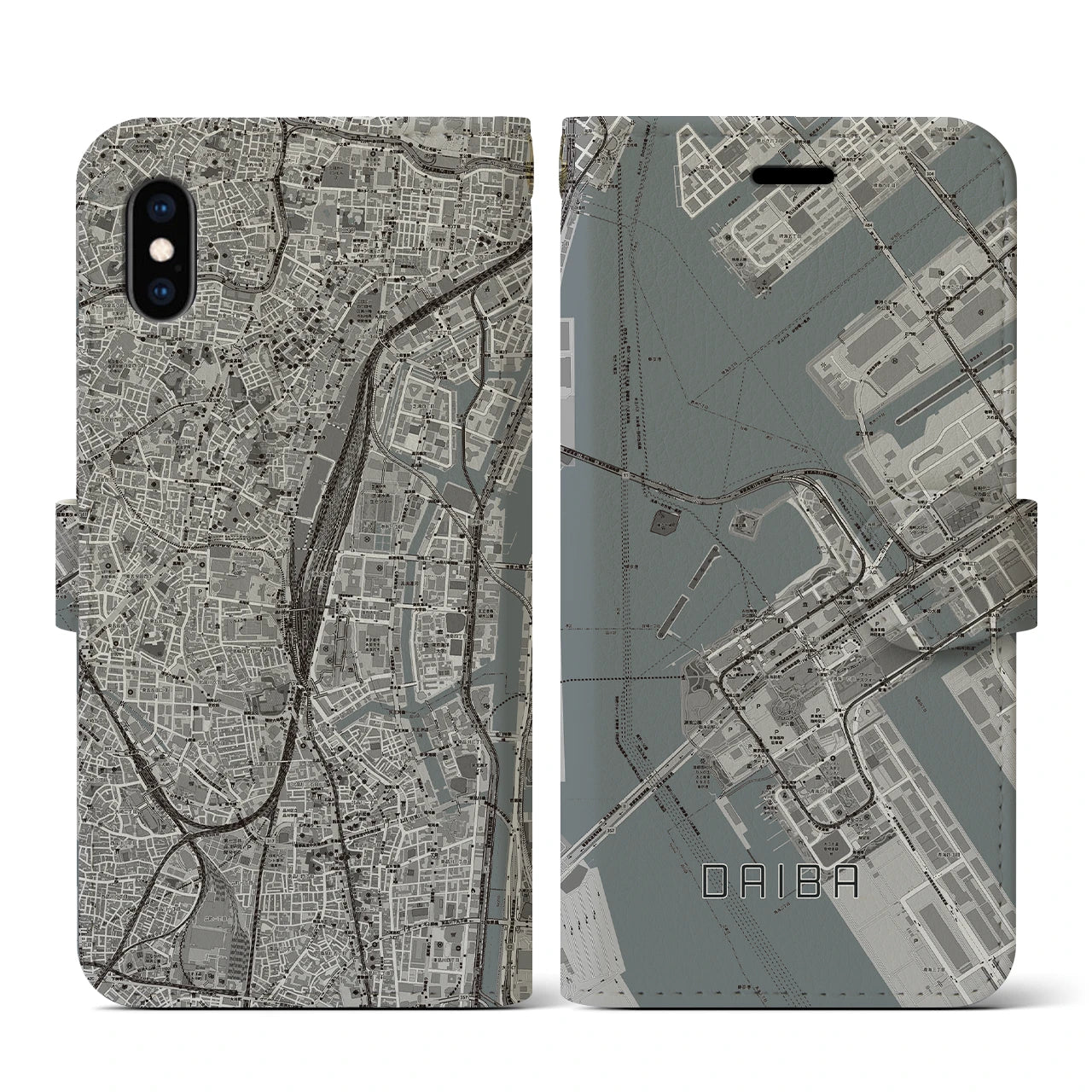【台場(東京都)】地図柄iPhoneケース(手帳タイプ)モノトーン・iPhone XS / X 用