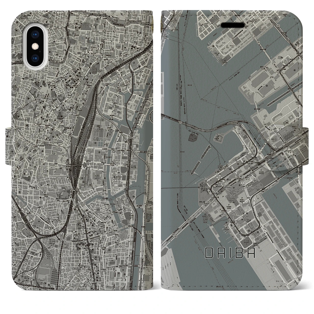 【台場(東京都)】地図柄iPhoneケース(手帳タイプ)モノトーン・iPhone XS Max 用