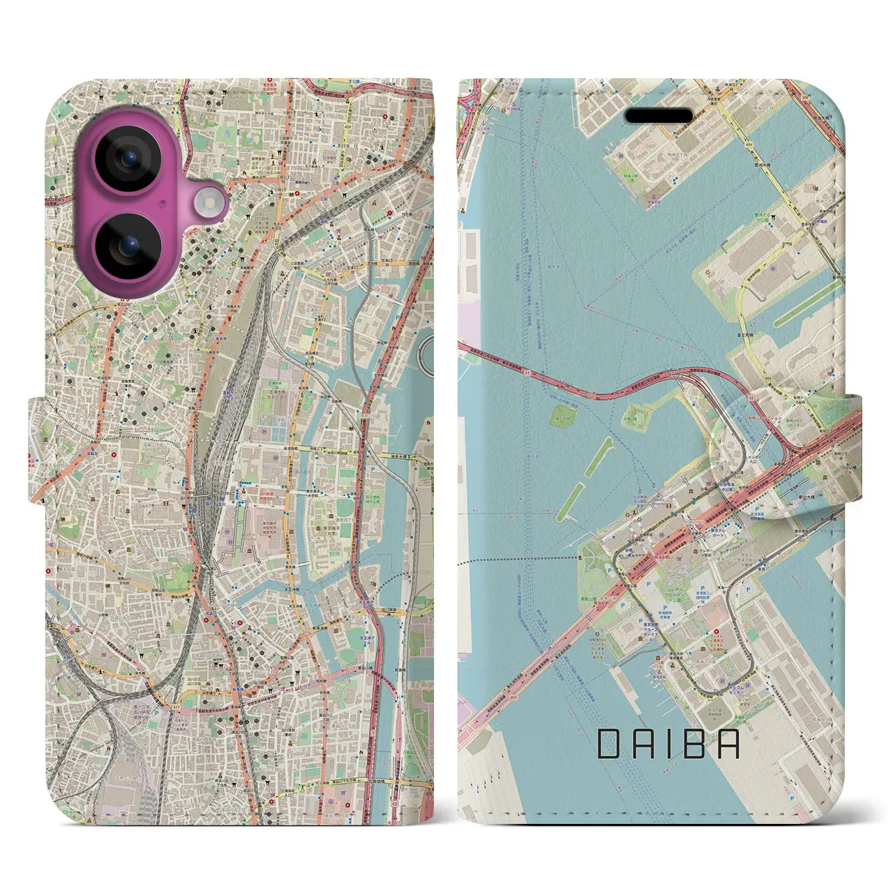 【台場(東京都)】地図柄iPhoneケース(手帳タイプ)ナチュラル・iPhone 16 Pro 用