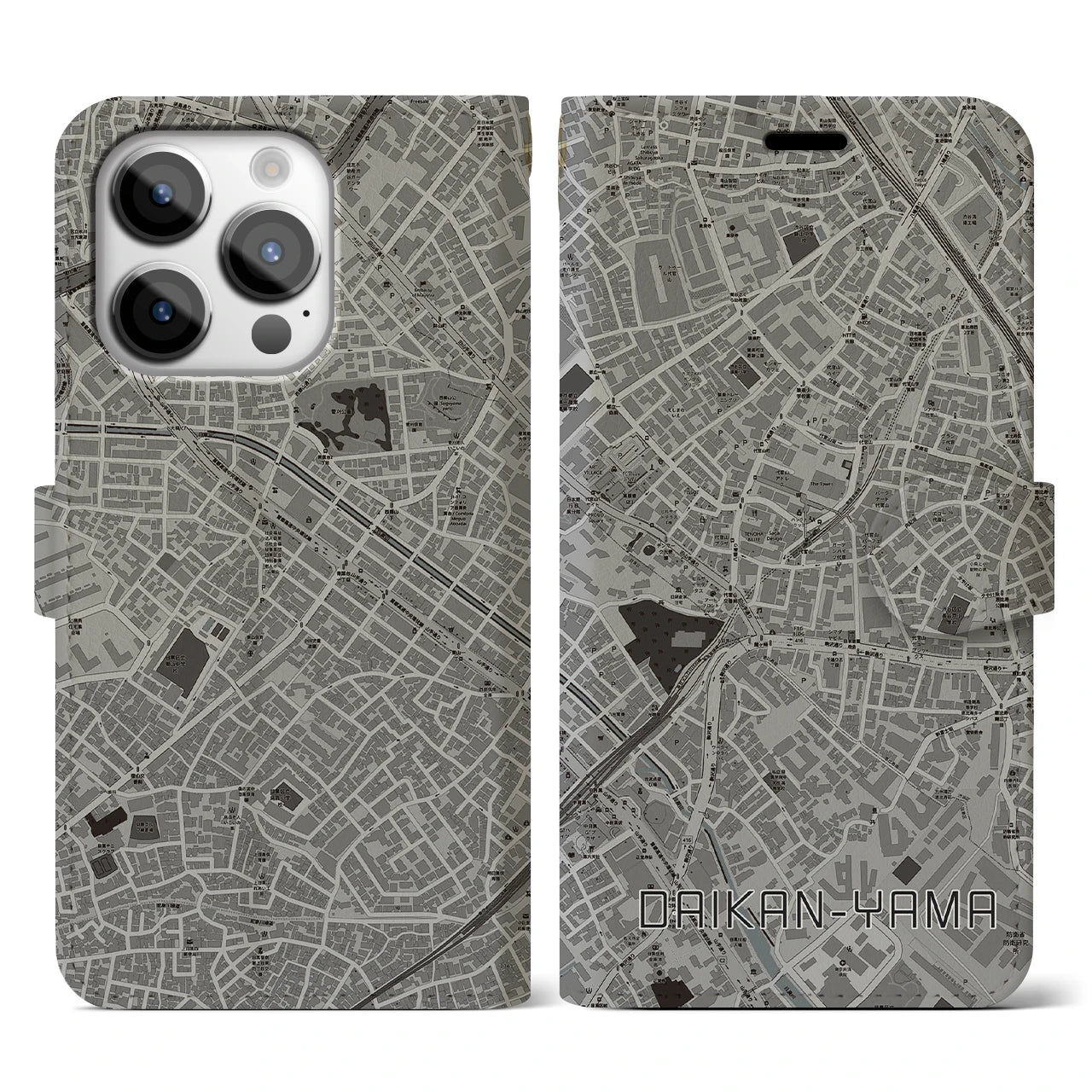 【代官山(東京都)】地図柄iPhoneケース(手帳タイプ)モノトーン・iPhone 14 Pro 用