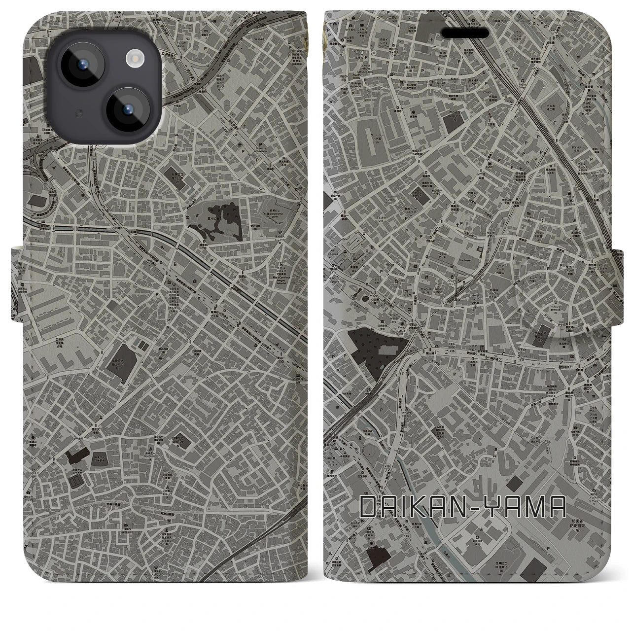 【代官山(東京都)】地図柄iPhoneケース(手帳タイプ)モノトーン・iPhone 14 Plus 用