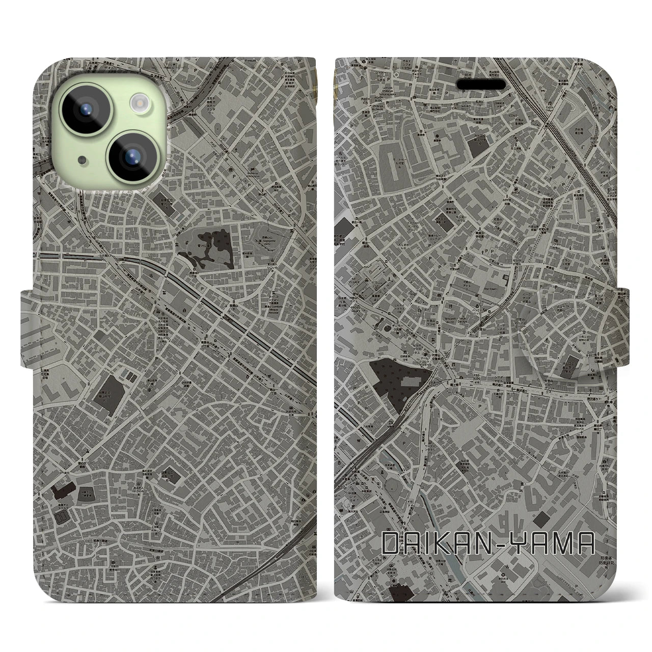 【代官山(東京都)】地図柄iPhoneケース(手帳タイプ)モノトーン・iPhone 15 用