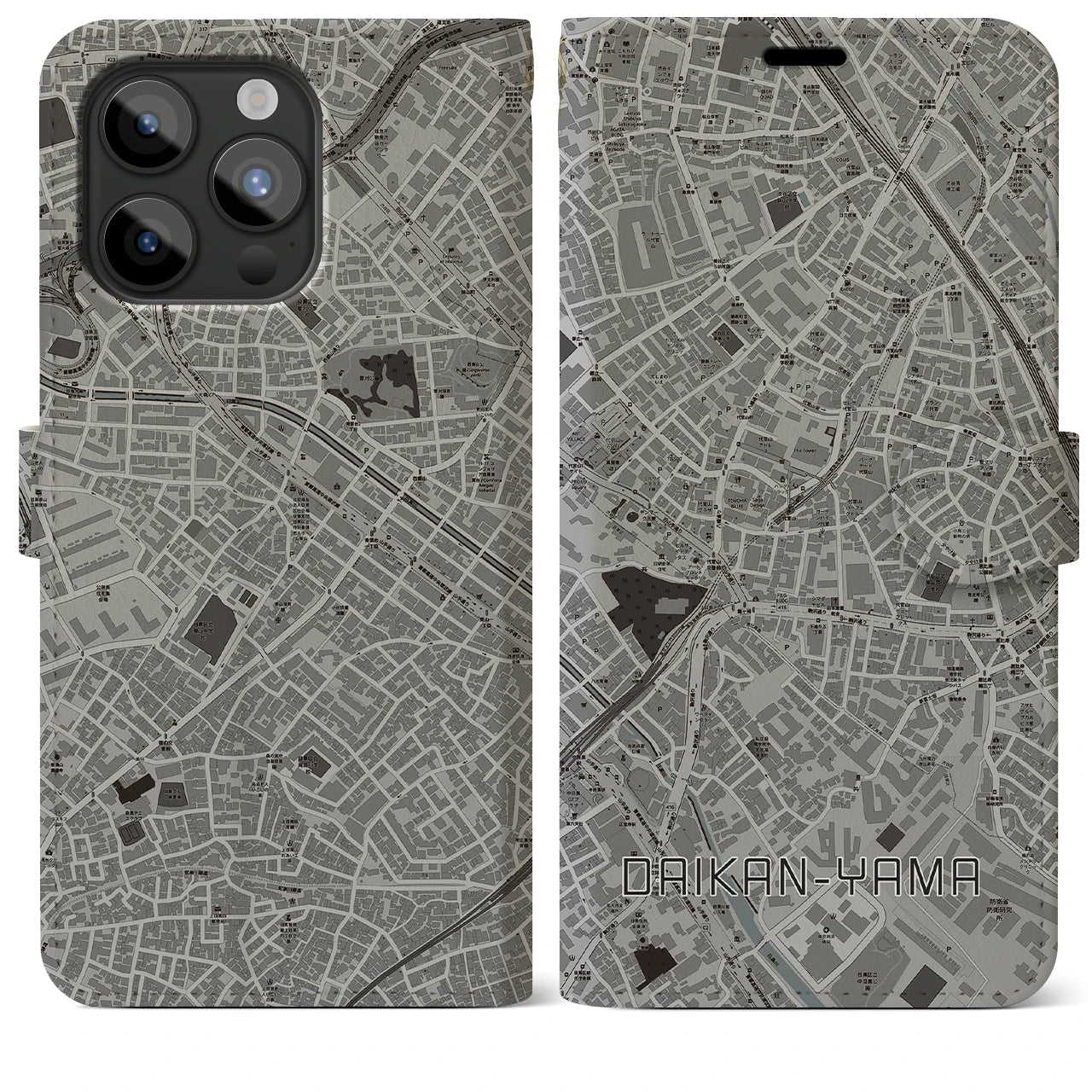 【代官山(東京都)】地図柄iPhoneケース(手帳タイプ)モノトーン・iPhone 15 Pro Max 用