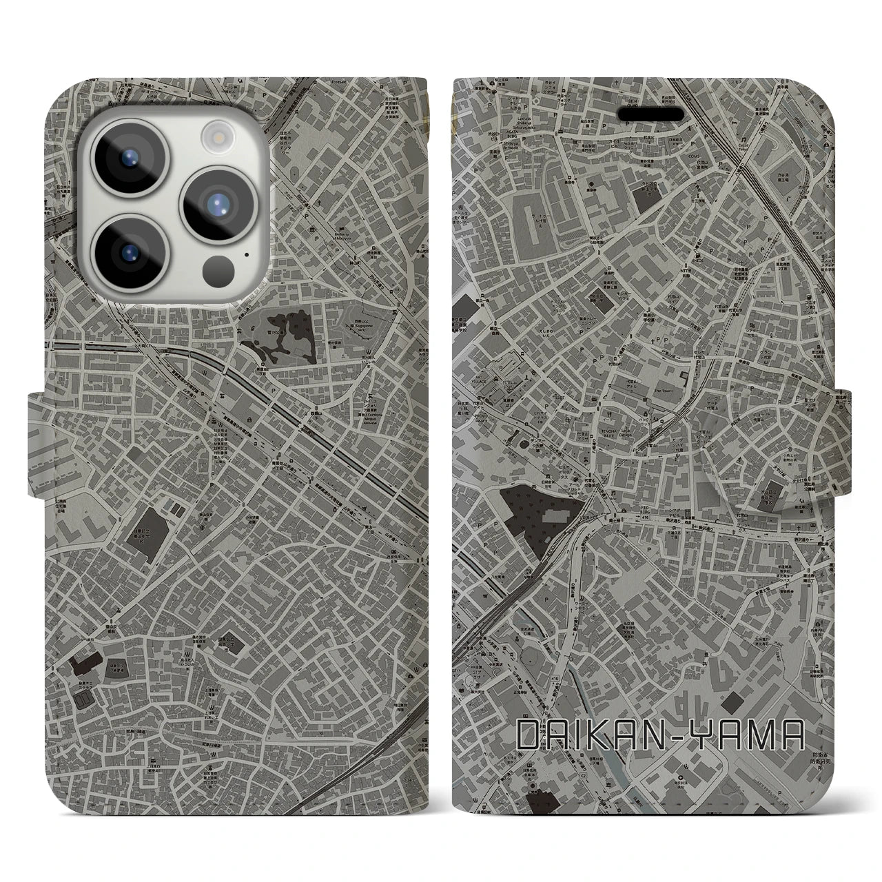 【代官山(東京都)】地図柄iPhoneケース(手帳タイプ)モノトーン・iPhone 15 Pro 用