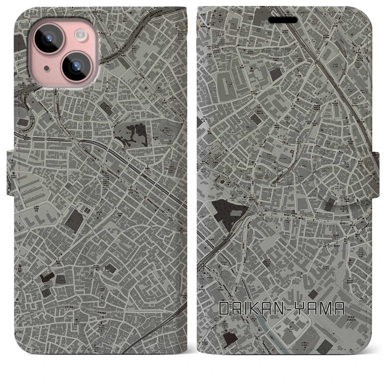 【代官山(東京都)】地図柄iPhoneケース(手帳タイプ)モノトーン・iPhone 15 Plus 用