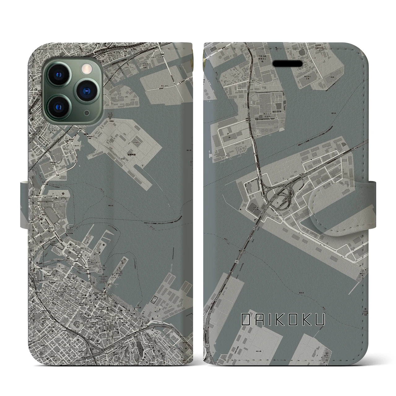 【大黒(神奈川県)】地図柄iPhoneケース(手帳タイプ)モノトーン・iPhone 11 Pro 用