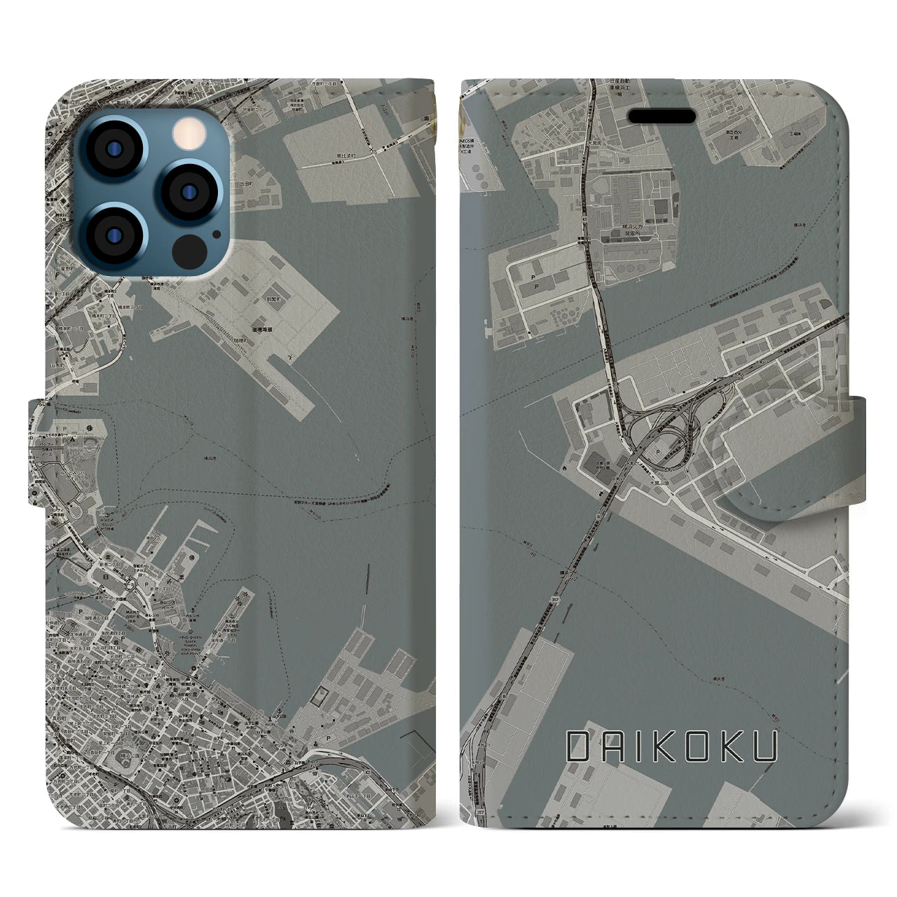 【大黒(神奈川県)】地図柄iPhoneケース(手帳タイプ)モノトーン・iPhone 12 / 12 Pro 用