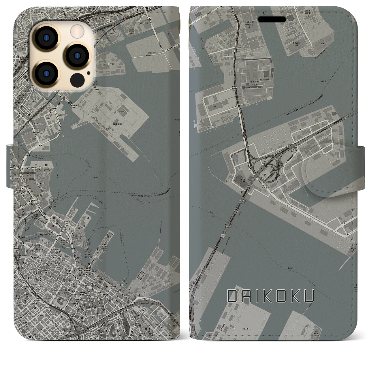 【大黒(神奈川県)】地図柄iPhoneケース(手帳タイプ)モノトーン・iPhone 12 Pro Max 用