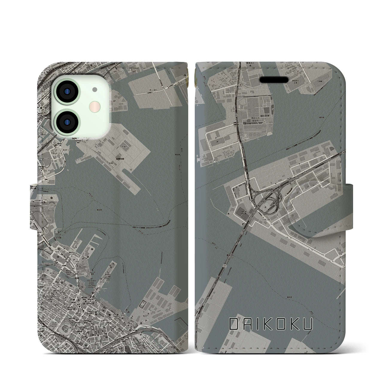 【大黒(神奈川県)】地図柄iPhoneケース(手帳タイプ)モノトーン・iPhone 12 mini 用