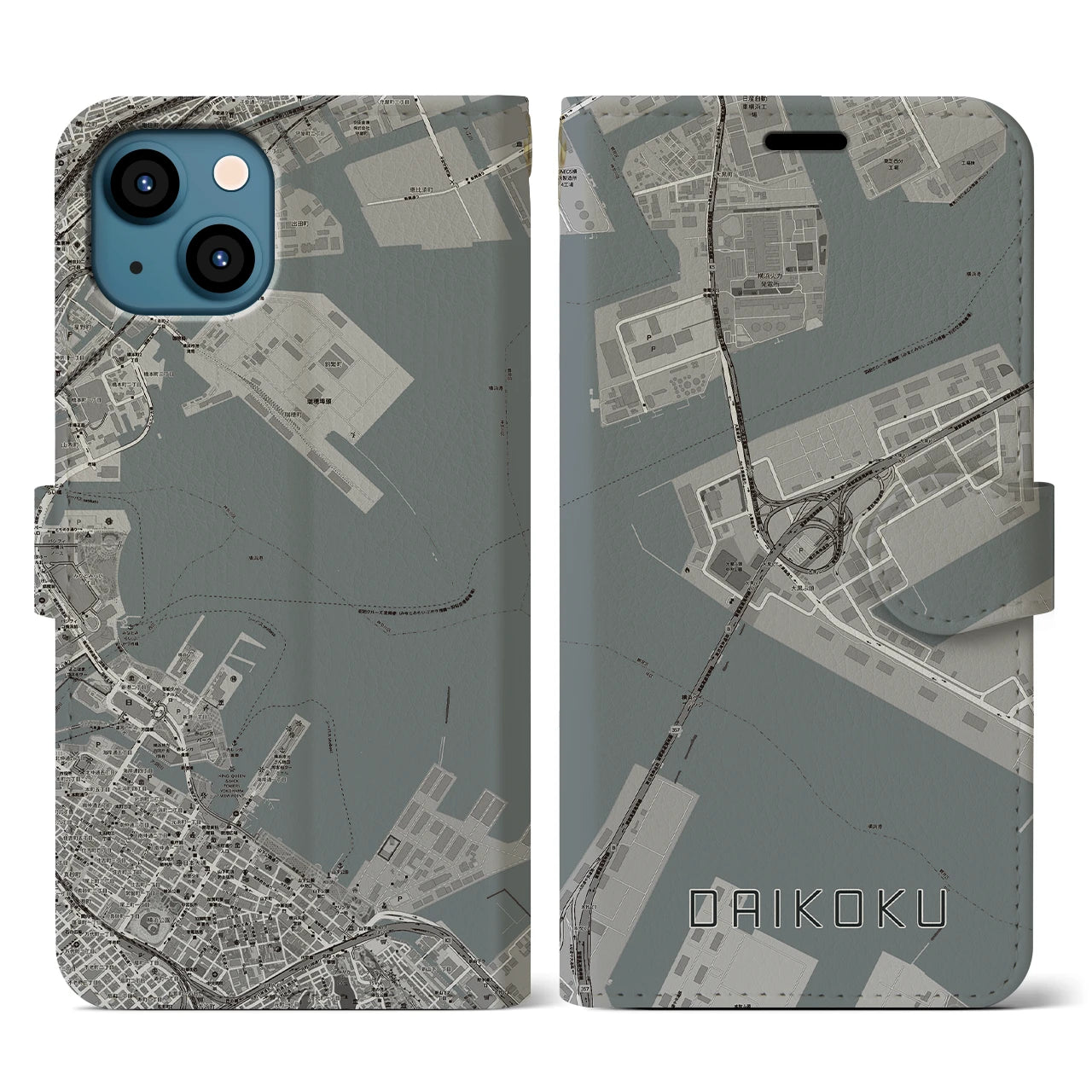 【大黒(神奈川県)】地図柄iPhoneケース(手帳タイプ)モノトーン・iPhone 13 用